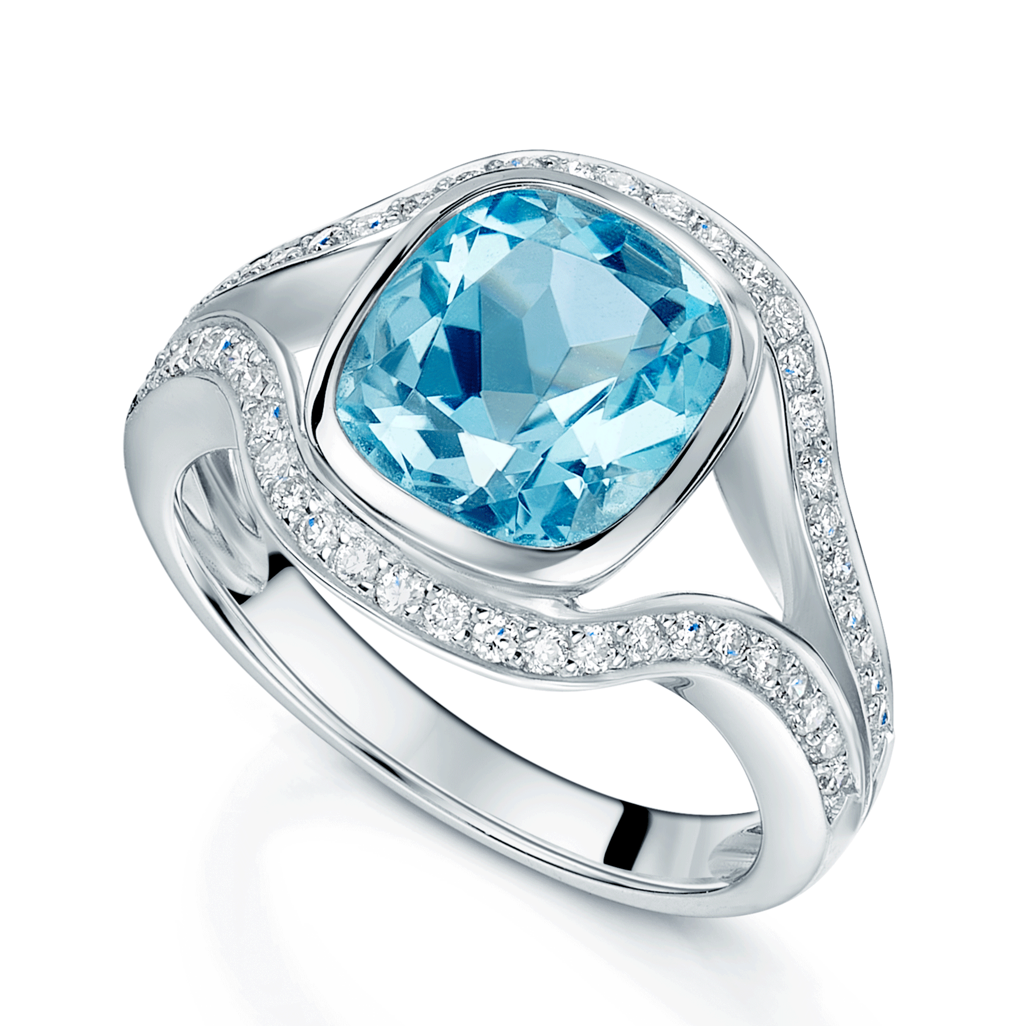 Berry's 18ct White Gold Cushion Cut Blue Topaz Ring With Diamond Set Split Shoulders - Berry's Jewellers