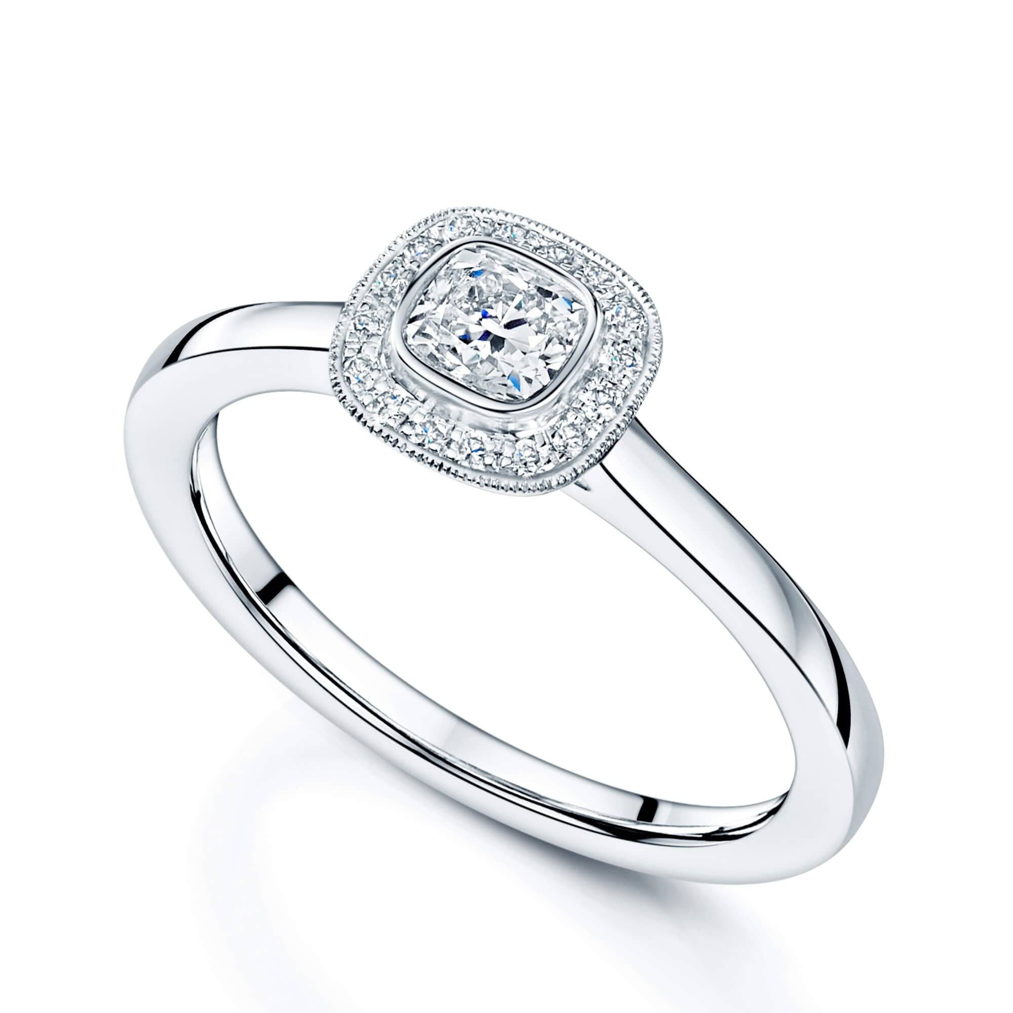 18ct White Gold Cushion Cut Halo Ring With Diamond Millgrain Edge Surround