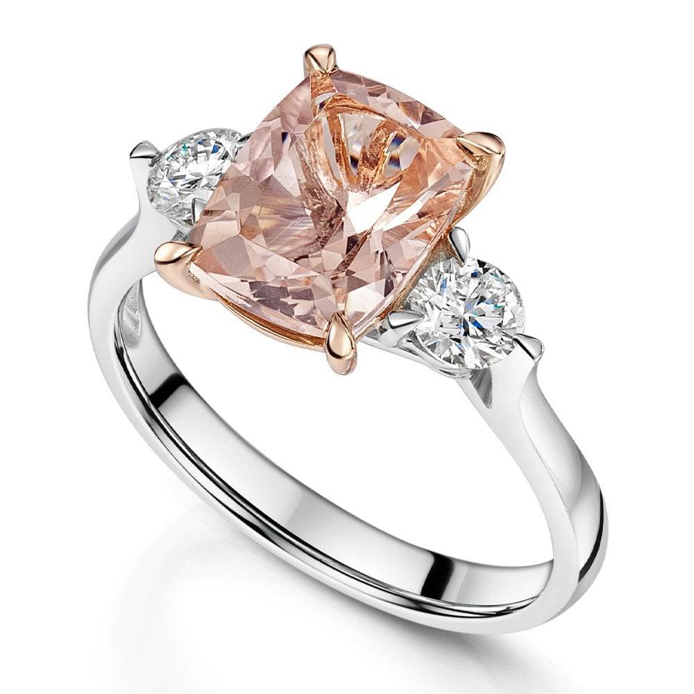 Berry's 18ct White Gold Cushion Cut Morganite And Diamond Trilogy Ring With 18ct Rose Gold Claws - Berry's Jewellers