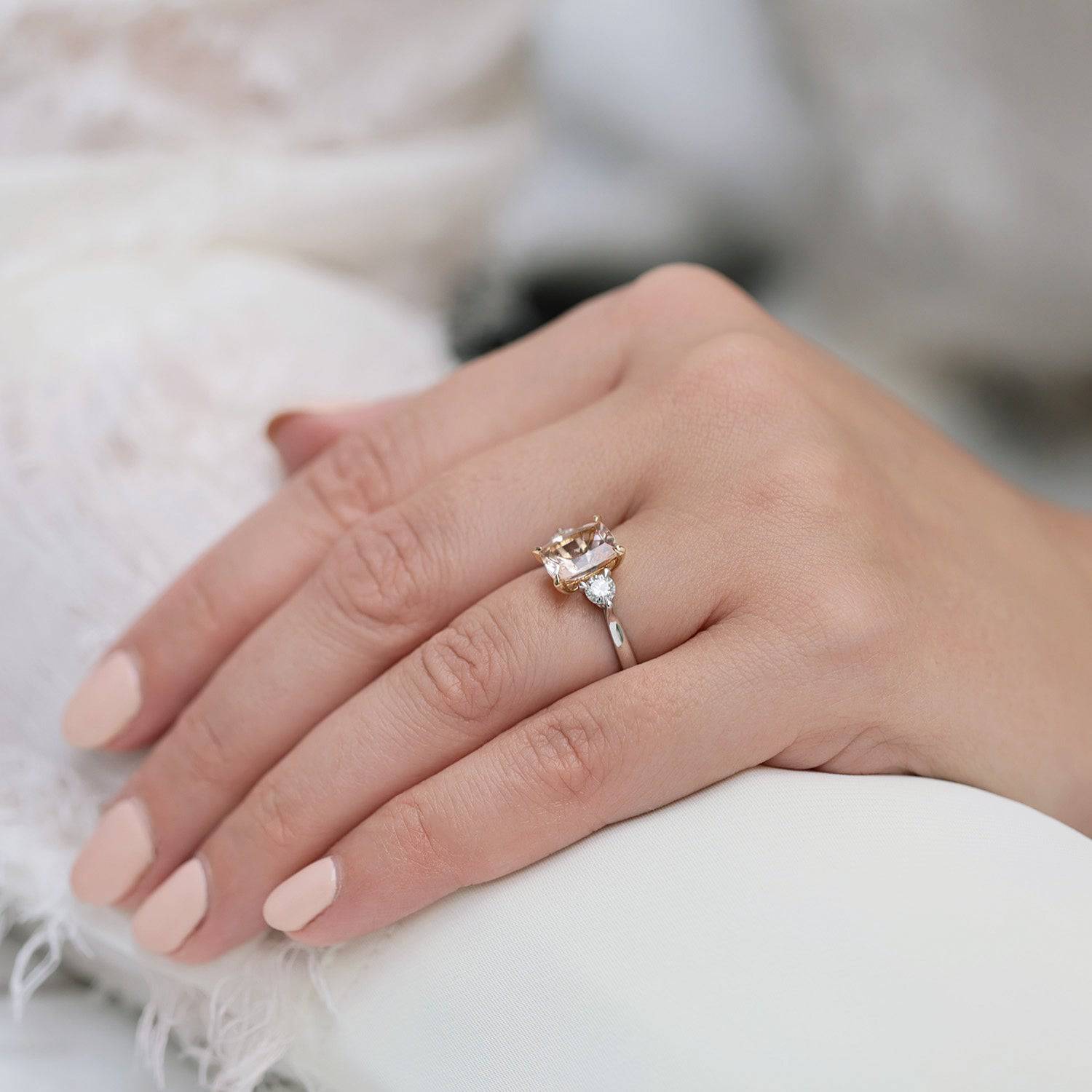 18ct White Gold Cushion Cut Morganite And Diamond Trilogy Ring With 18ct Rose Gold Claws