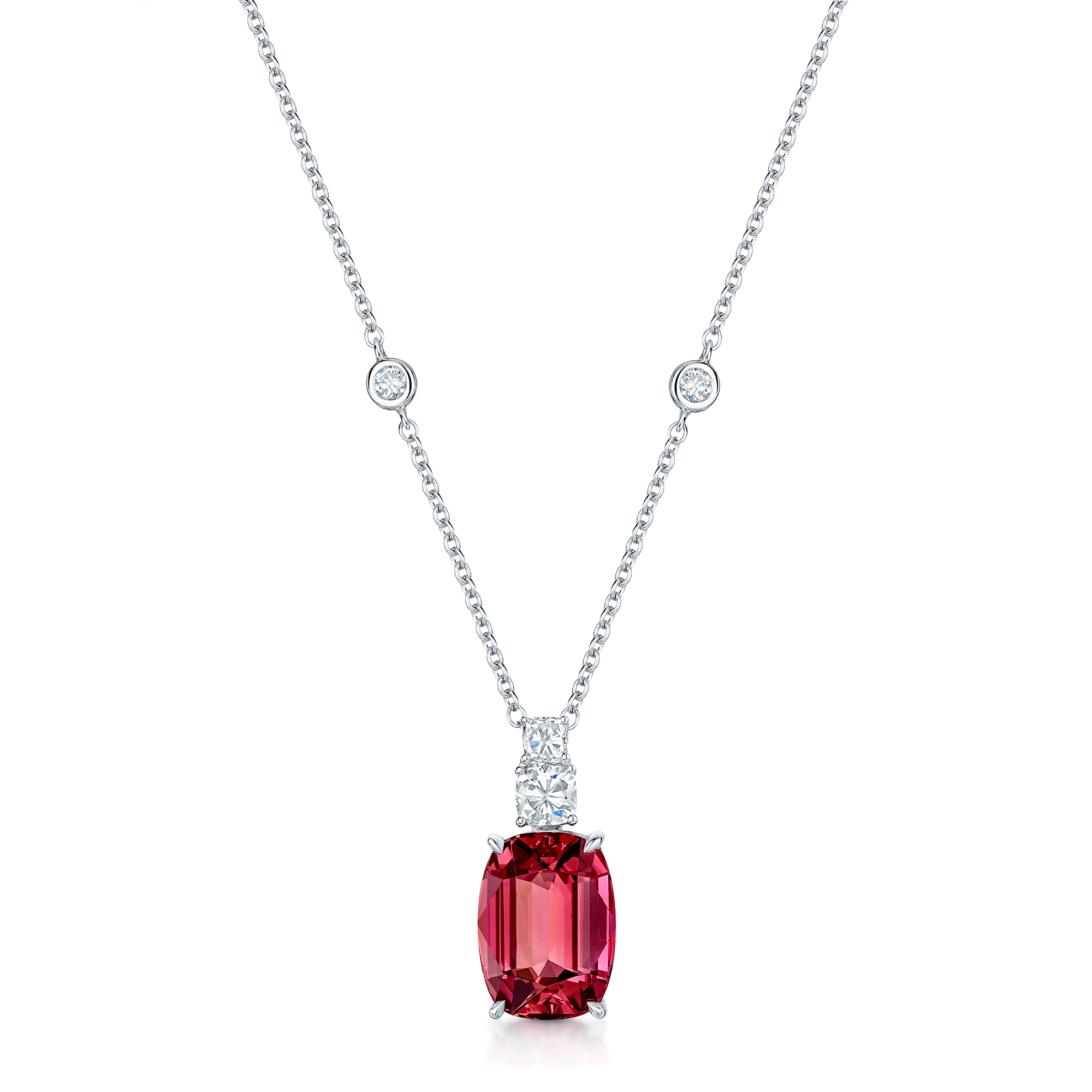 18ct White Gold Cushion Cut Pink Tourmaline And Diamond Fancy Pendant