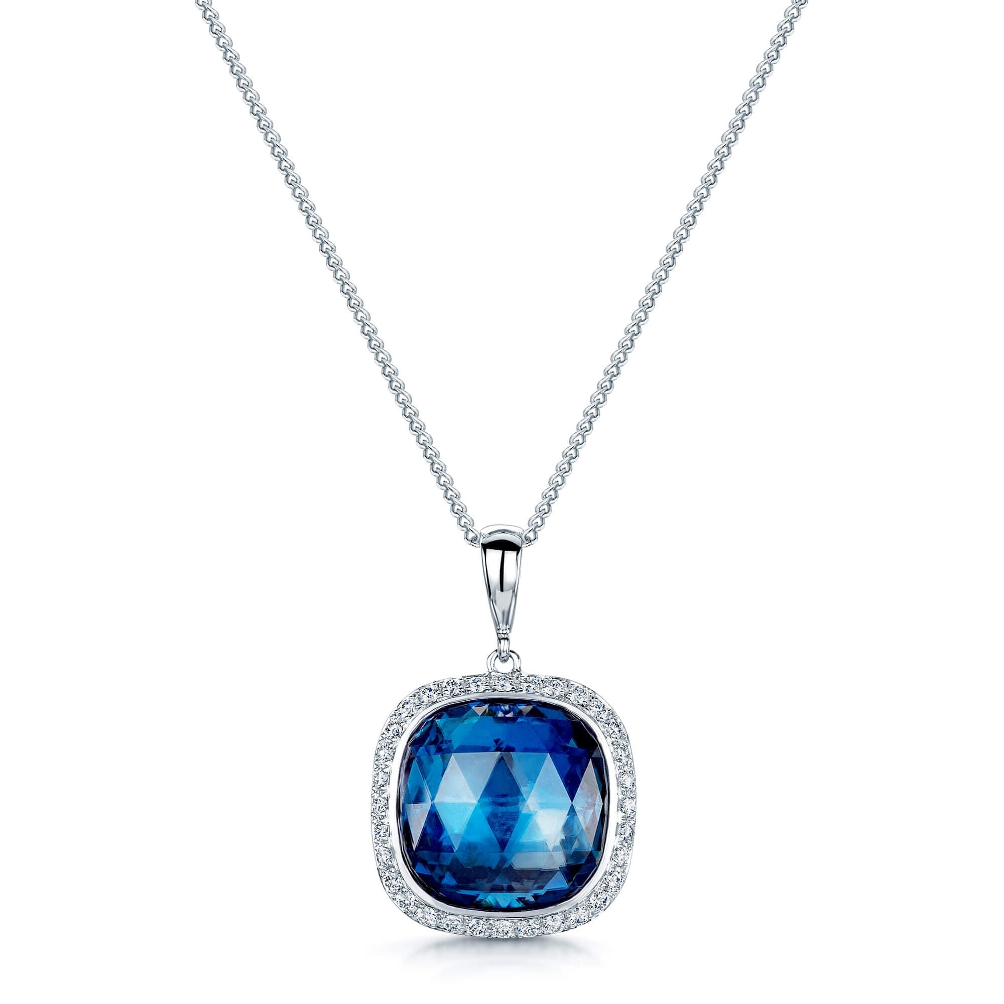 Berry's 18ct White Gold Cushion Cut Topaz Diamond Halo Pendant - Berry's Jewellers