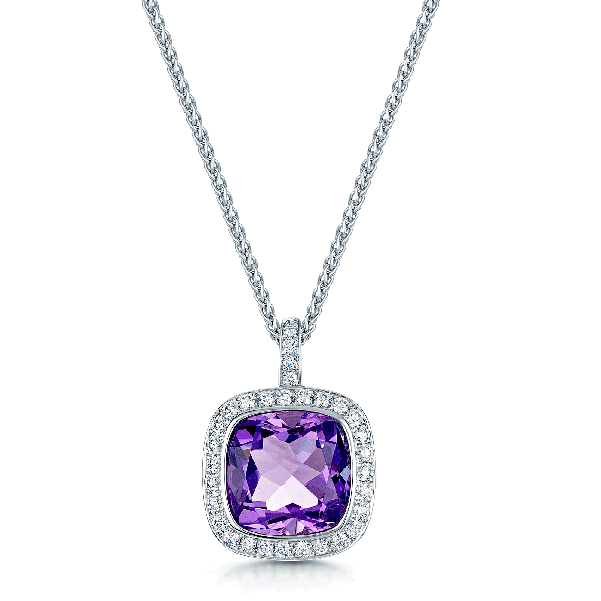 18ct White Gold Cushion Shape Amethyst Pendant with Diamond Halo