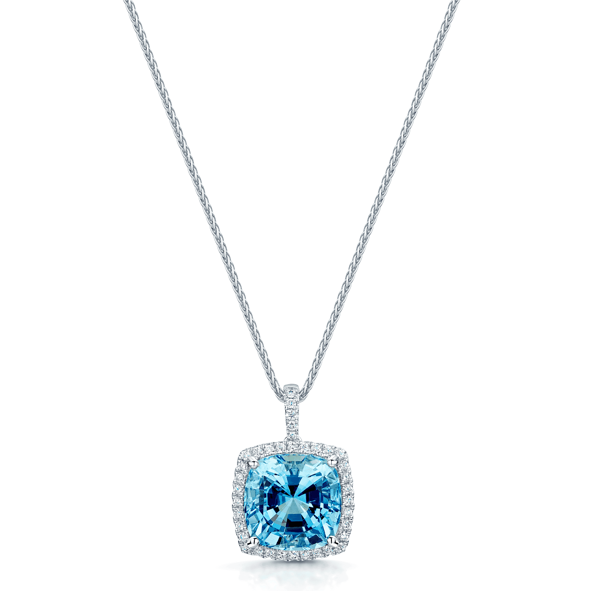 18ct White Gold Cushion Shape Aquamarine & Diamond Cluster Pendant With Diamond Bale