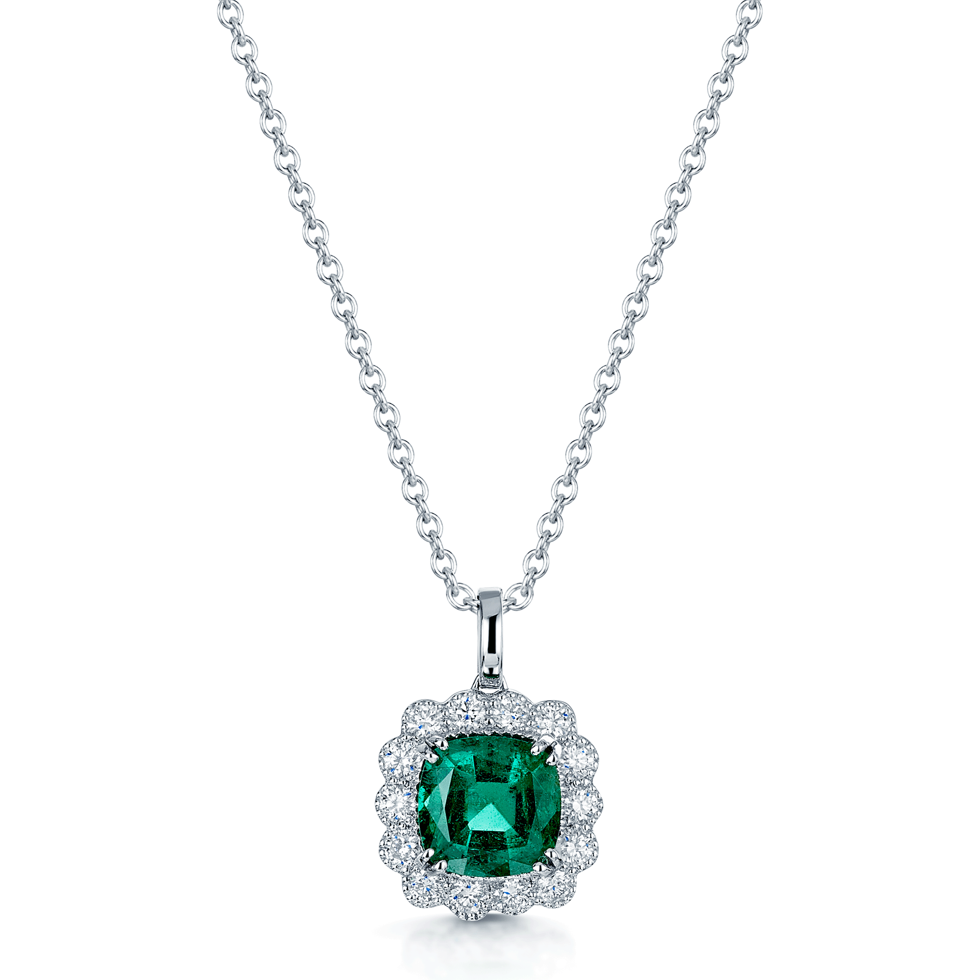 Berry's 18ct White Gold Cushion Shape Emerald & Diamond Cluster Pendant - Berry's Jewellers