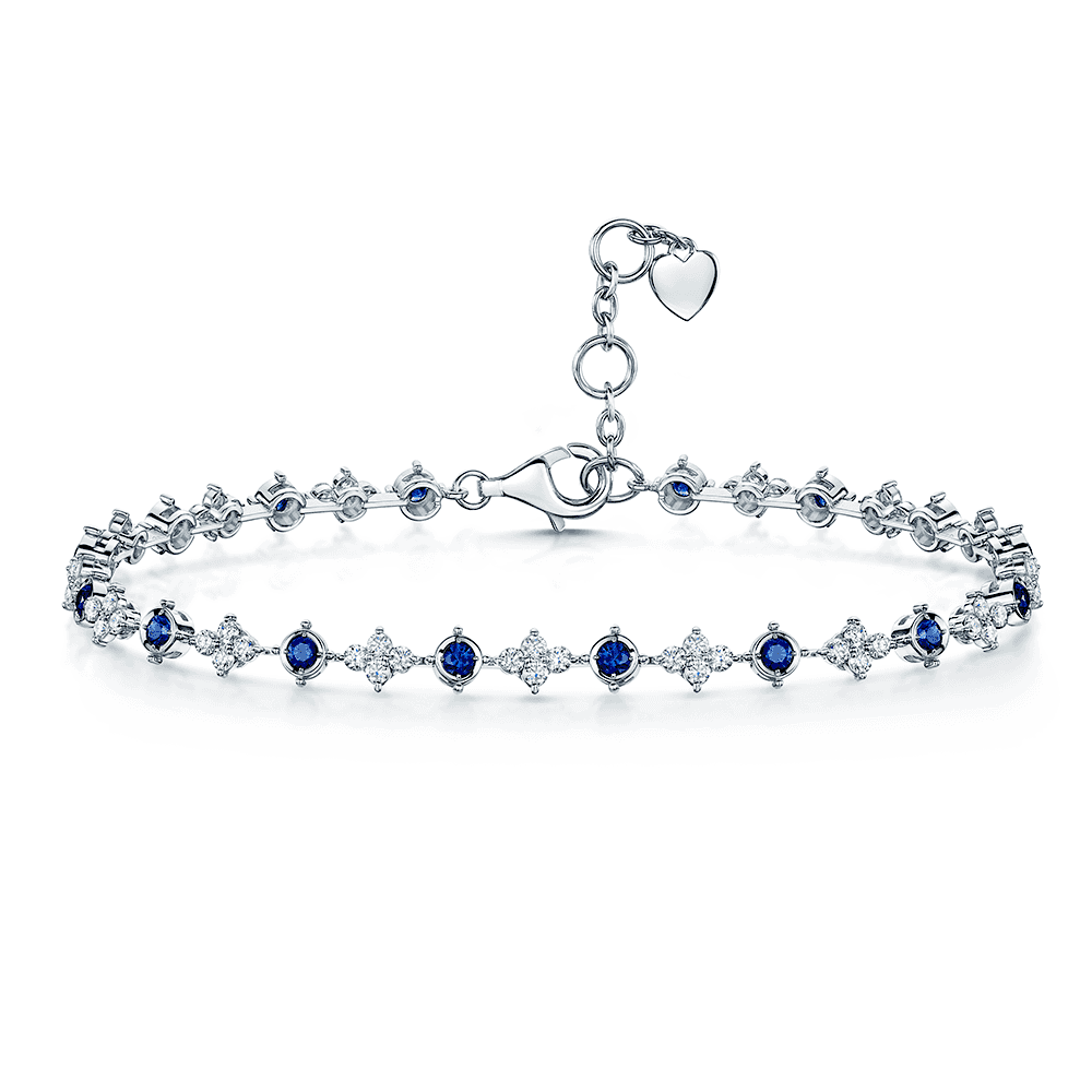 18ct White Gold Diamond And Sapphire Flower Tennis Bracelet