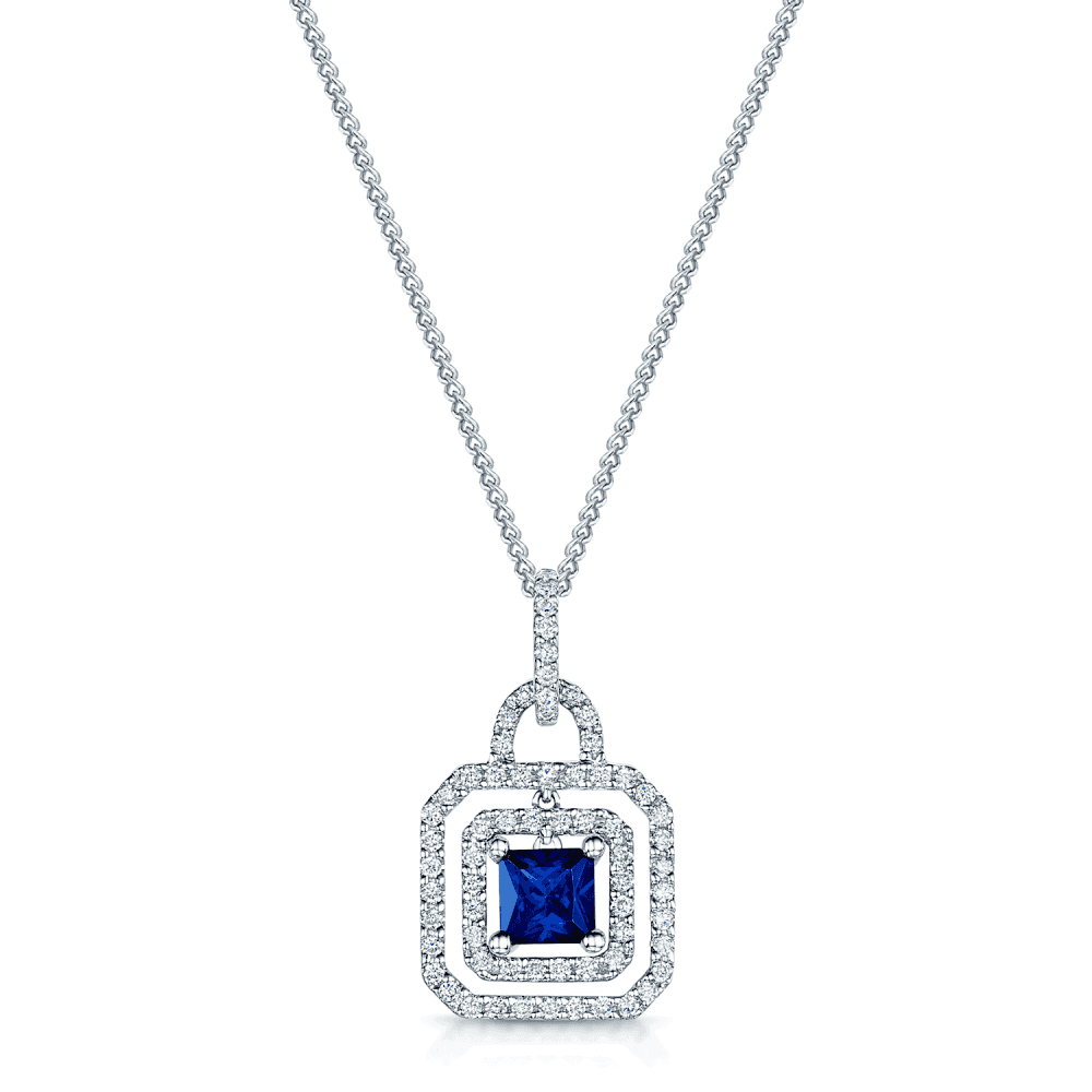 Berry's 18ct White Gold Diamond Double Halo &  Blue Square Sapphire Pendant - Berry's Jewellers