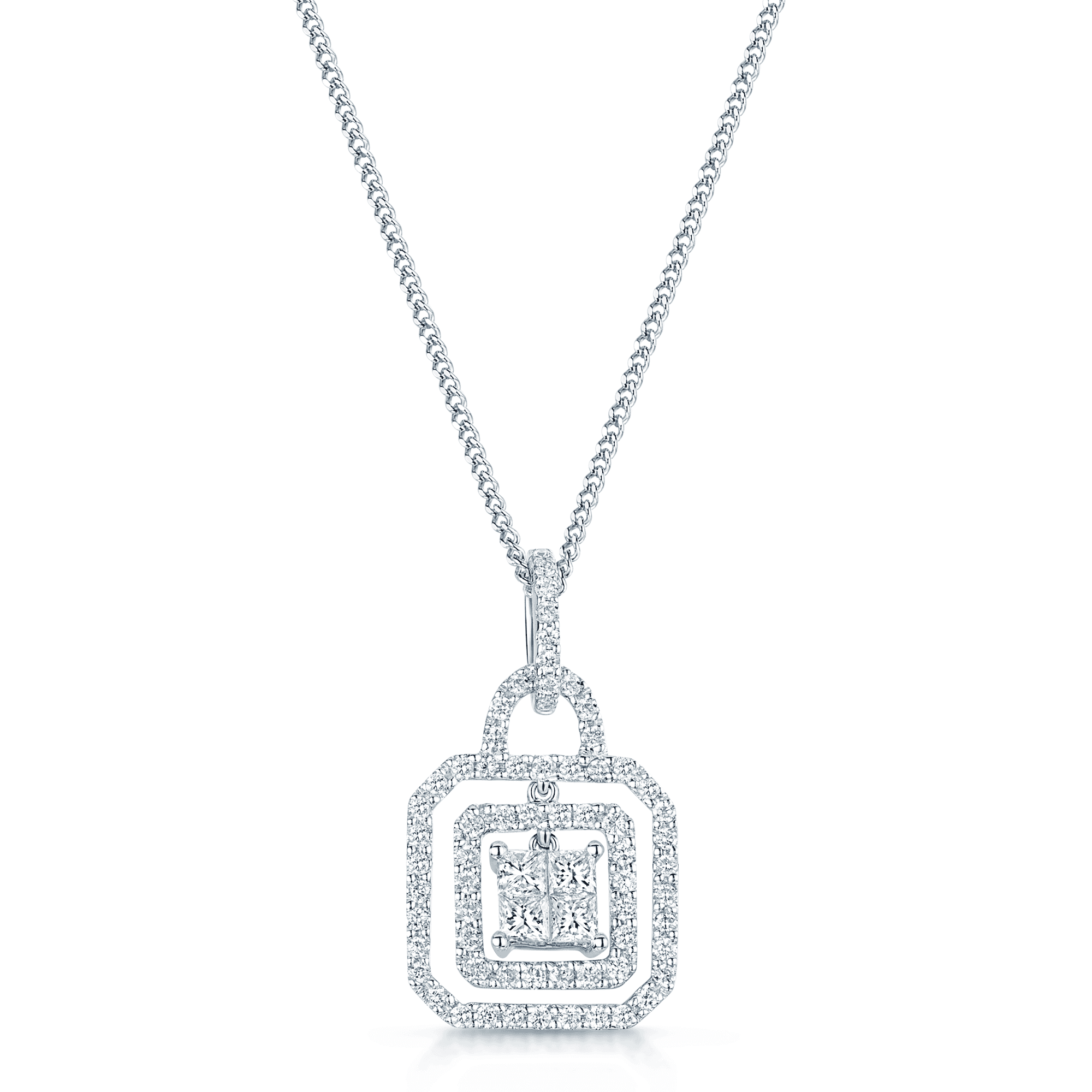 Berry's 18ct White Gold Diamond Double Halo with Princess Cut Diamond Centre Pendant - Berry's Jewellers