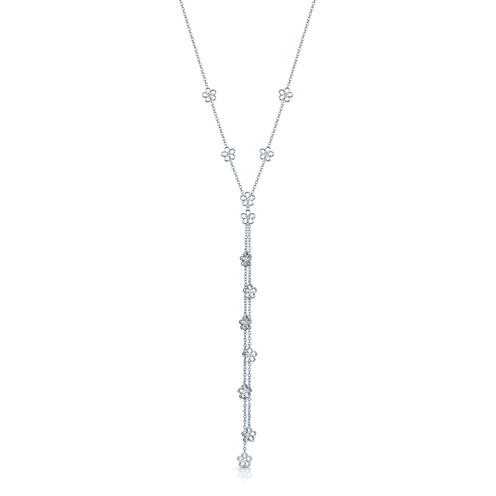 18ct White Gold Diamond Fine Chain Daisy Tassel Necklet