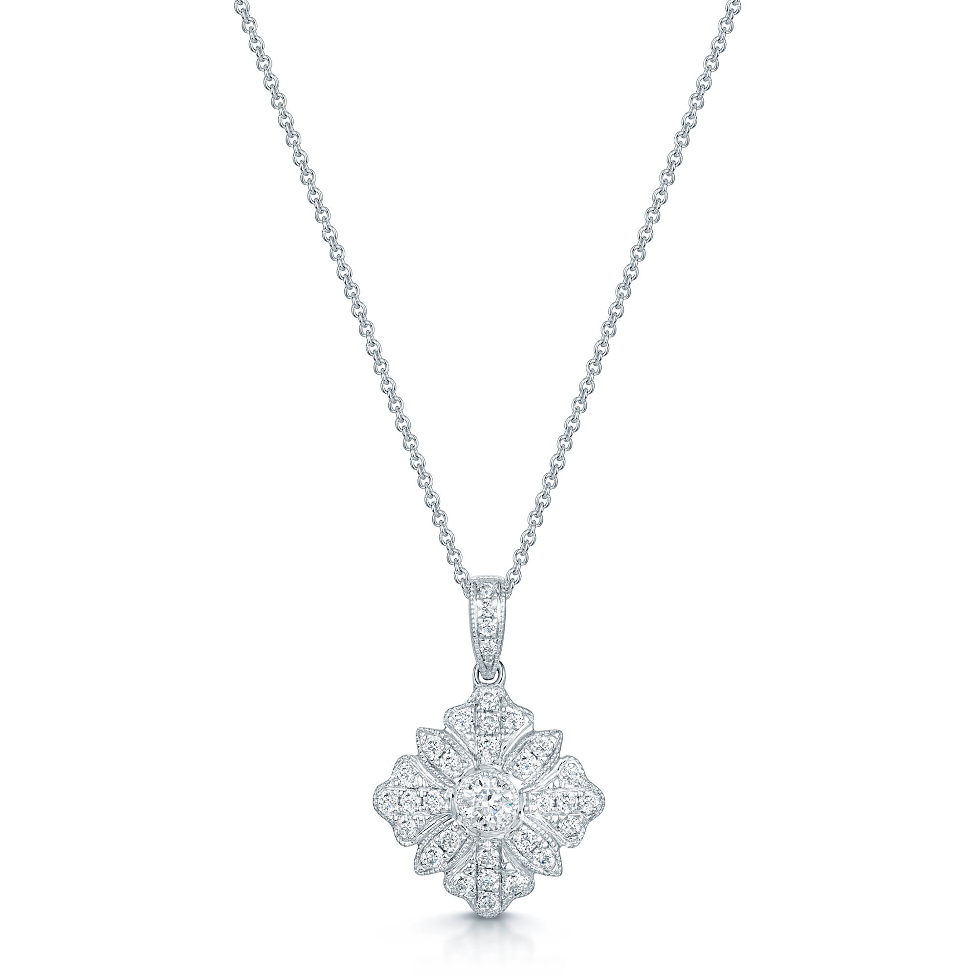 Berry's 18ct White Gold Diamond Flower Vintage Design Pendant - Berry's Jewellers