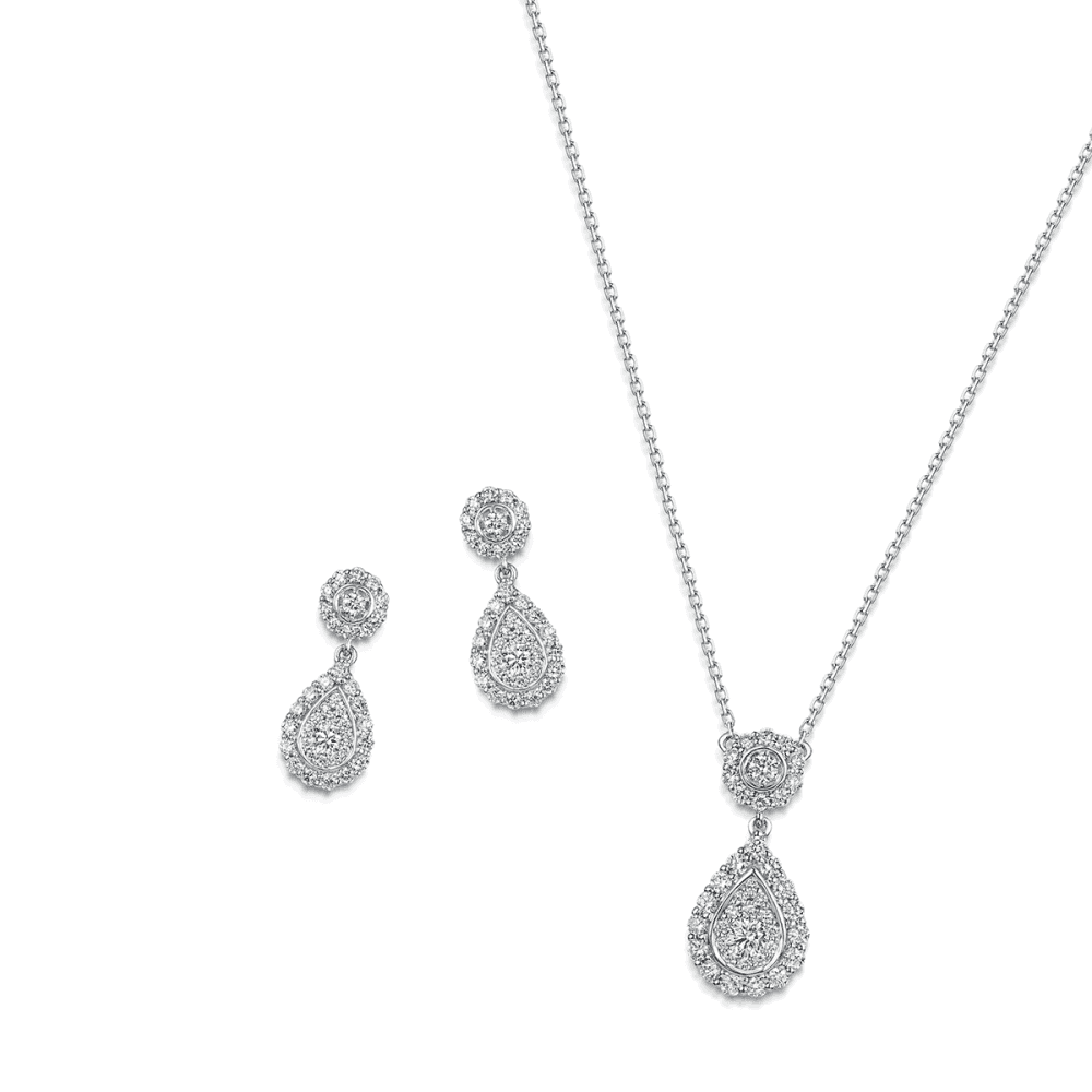 18ct White Gold Diamond Pave Fancy Halo Pear Drop Pendant