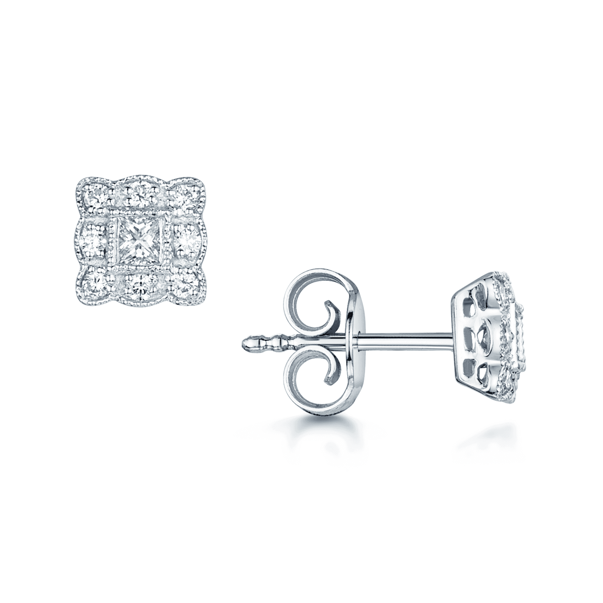 Berry's 18ct White Gold Diamond Square Vintage Stud Earrings With Milgrain Edge - Berry's Jewellers