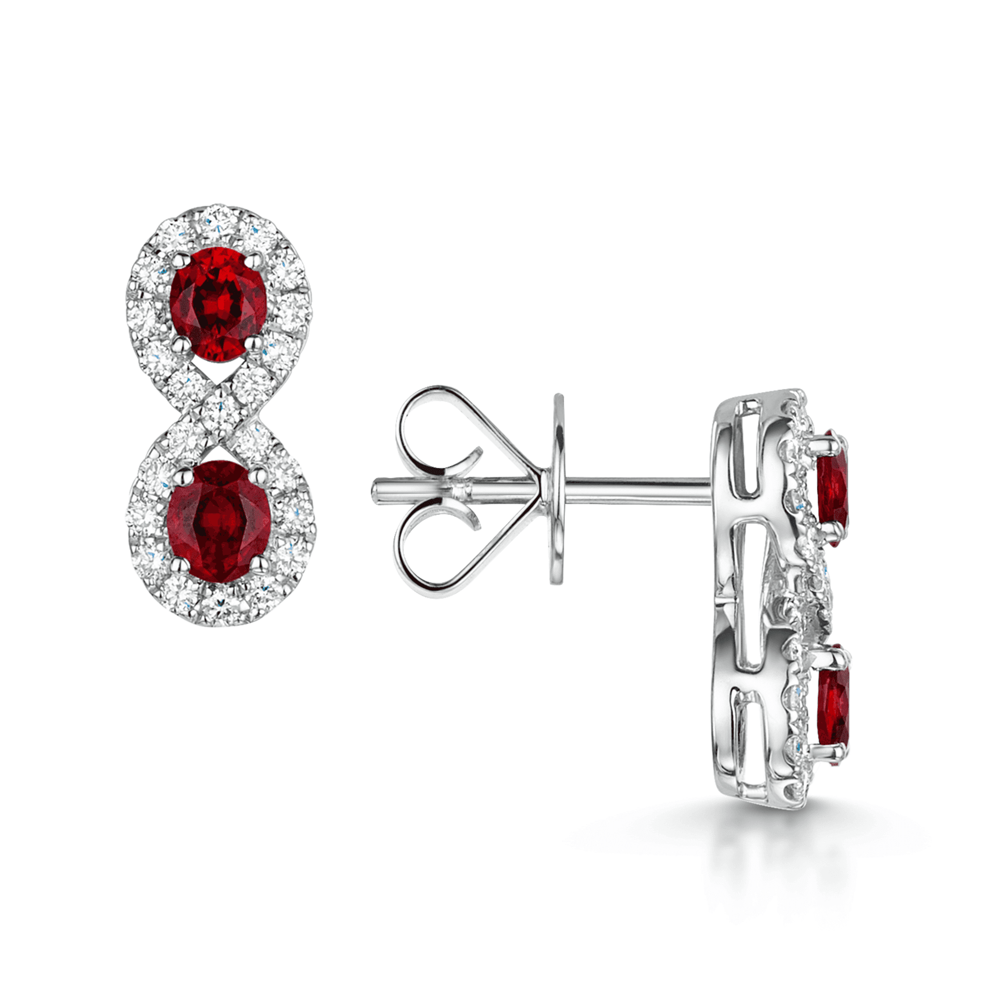 Berry's 18ct White Gold Double Pear Ruby And Diamond Halo Cluster Figure Eight Earrings - Berry's Jewellers