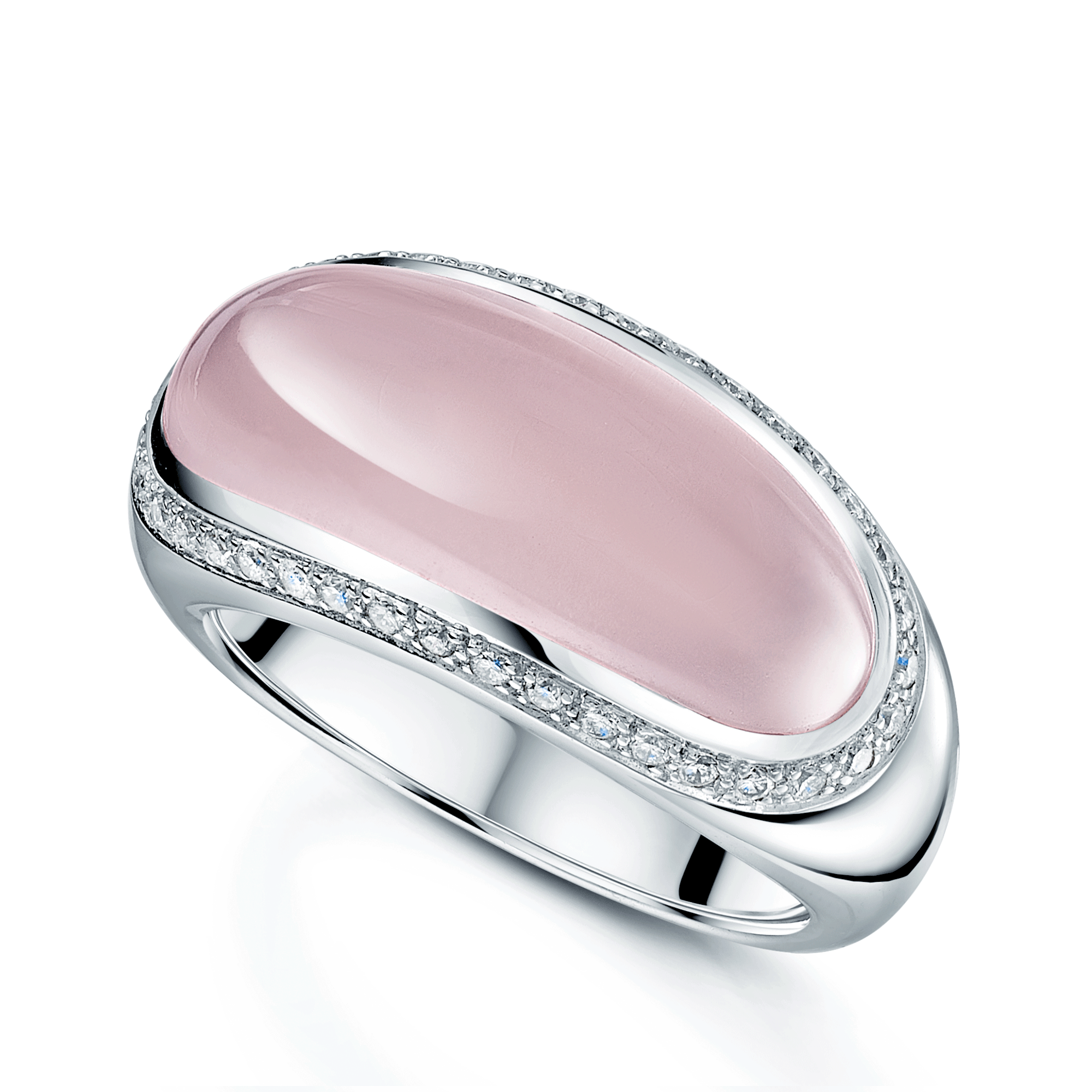 18ct White Gold Elongated Cabochon Cut Rose Quartz And Diamond Ring