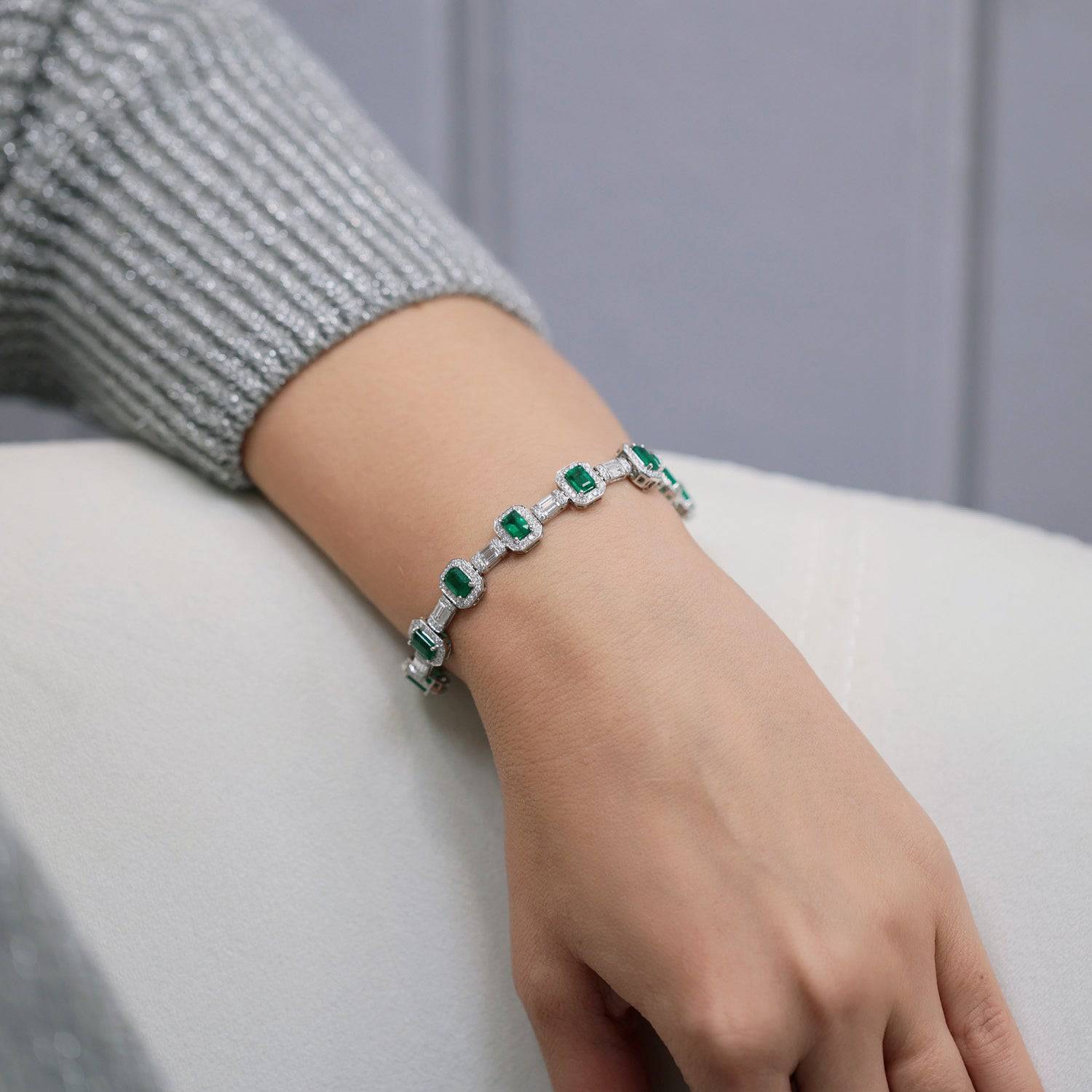 Berry's 18ct White Gold Emerald And Diamond Halo Vintage Tennis Bracelet - Berry's Jewellers