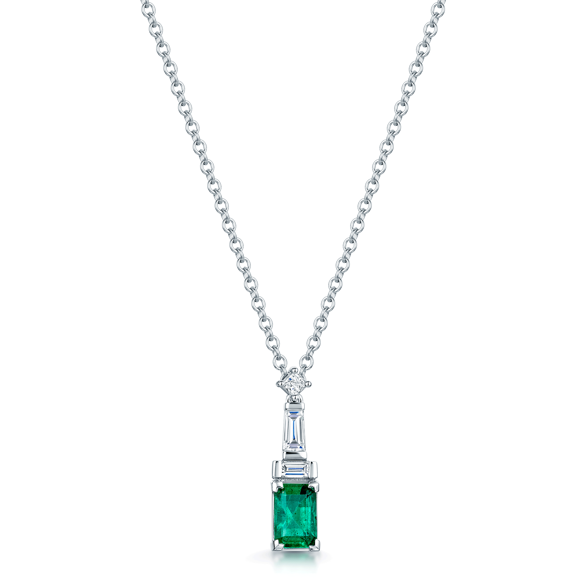 Berry's 18ct White Gold Emerald, Baguette And Princess Cut Diamond Pendant - Berry's Jewellers