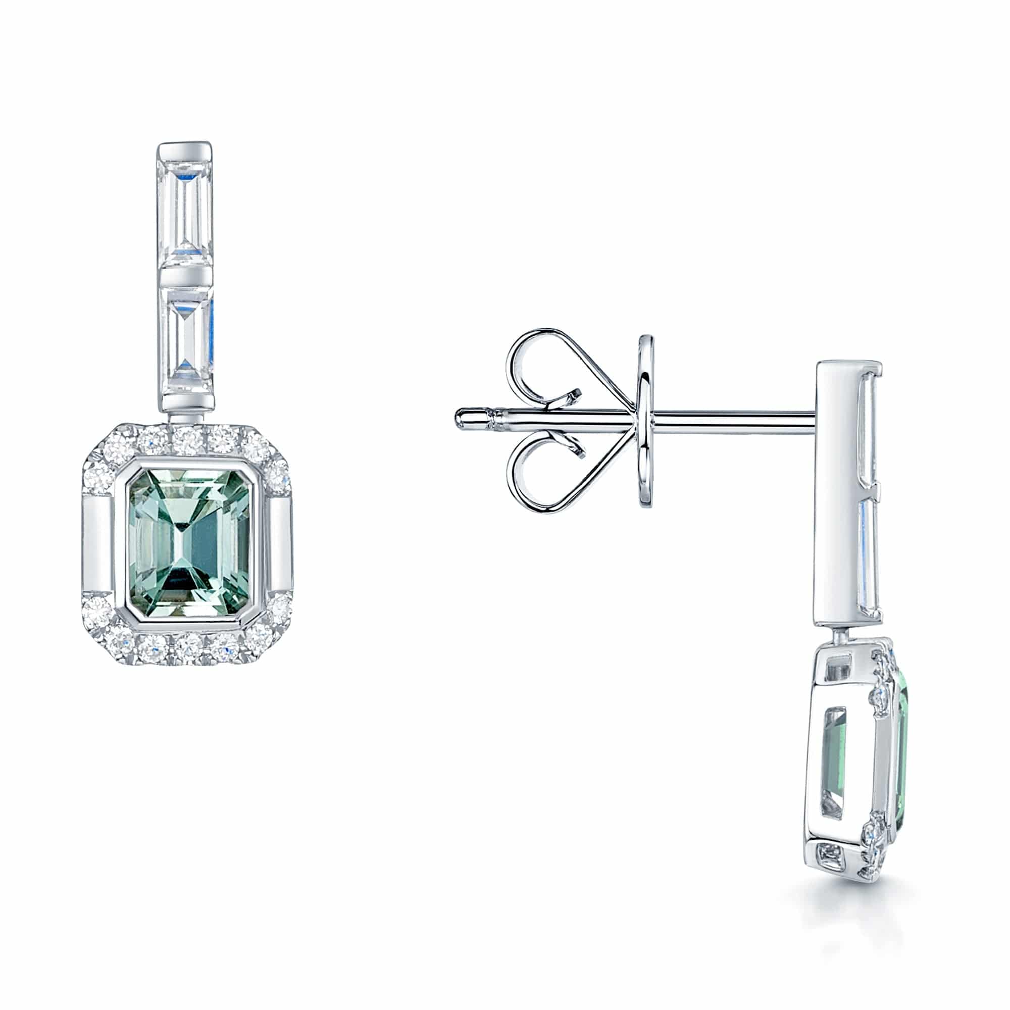 18ct White Gold Emerald Cut Aquamarine & Diamond Halo Set Drop Earrings