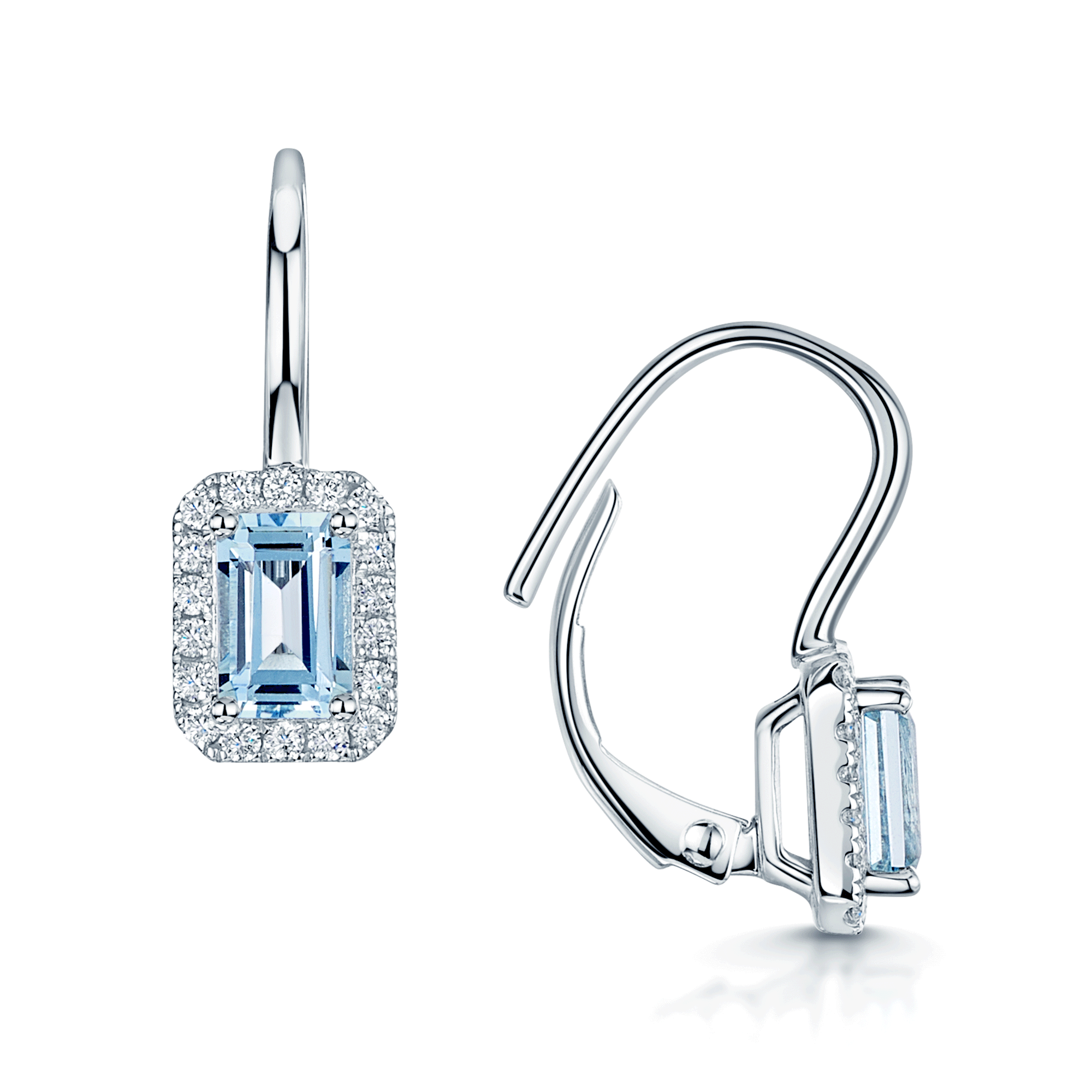 18ct White Gold Emerald Cut Aquamarine & Round Brilliant Cut Diamond Halo Earrings