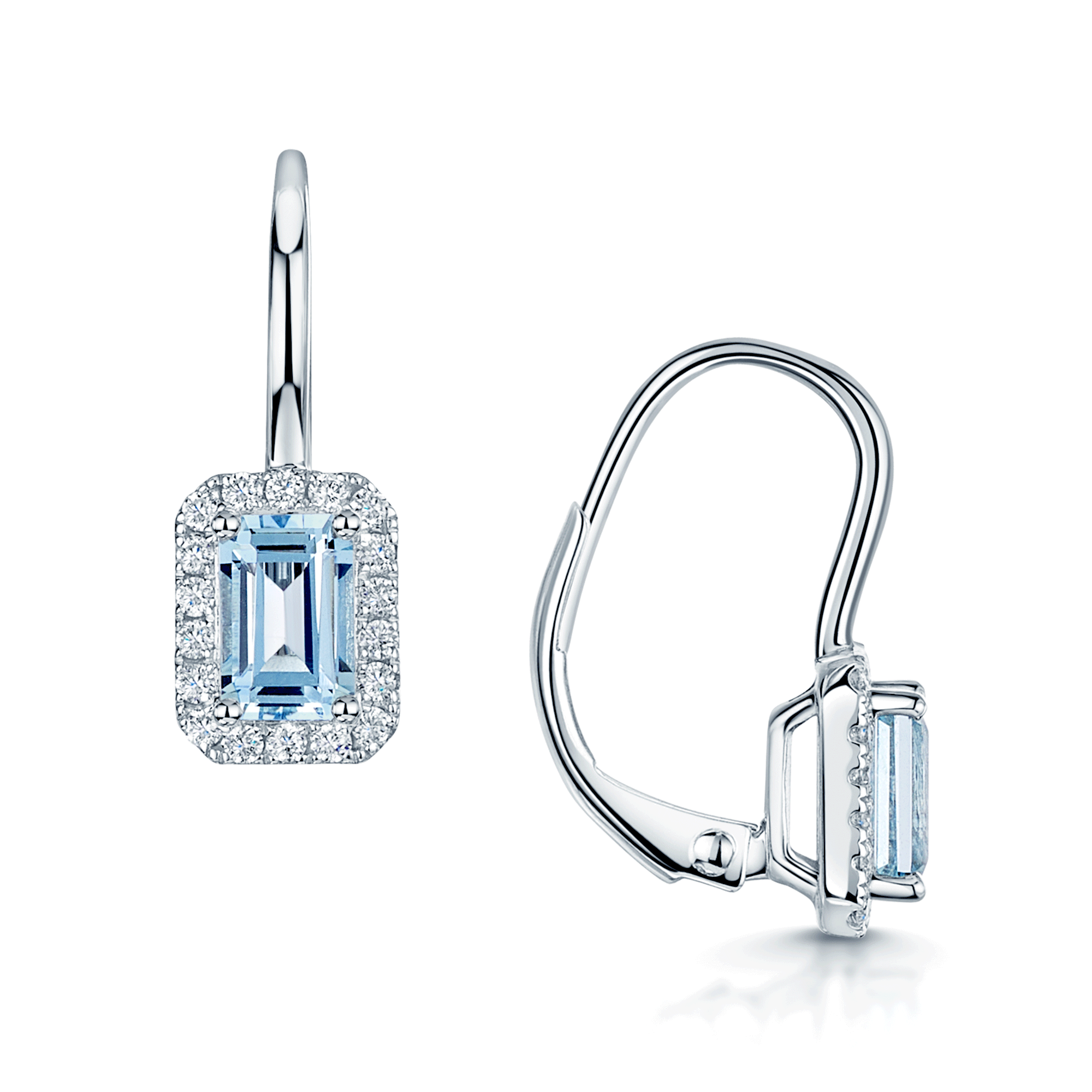 18ct White Gold Emerald Cut Aquamarine & Round Brilliant Cut Diamond Halo Earrings