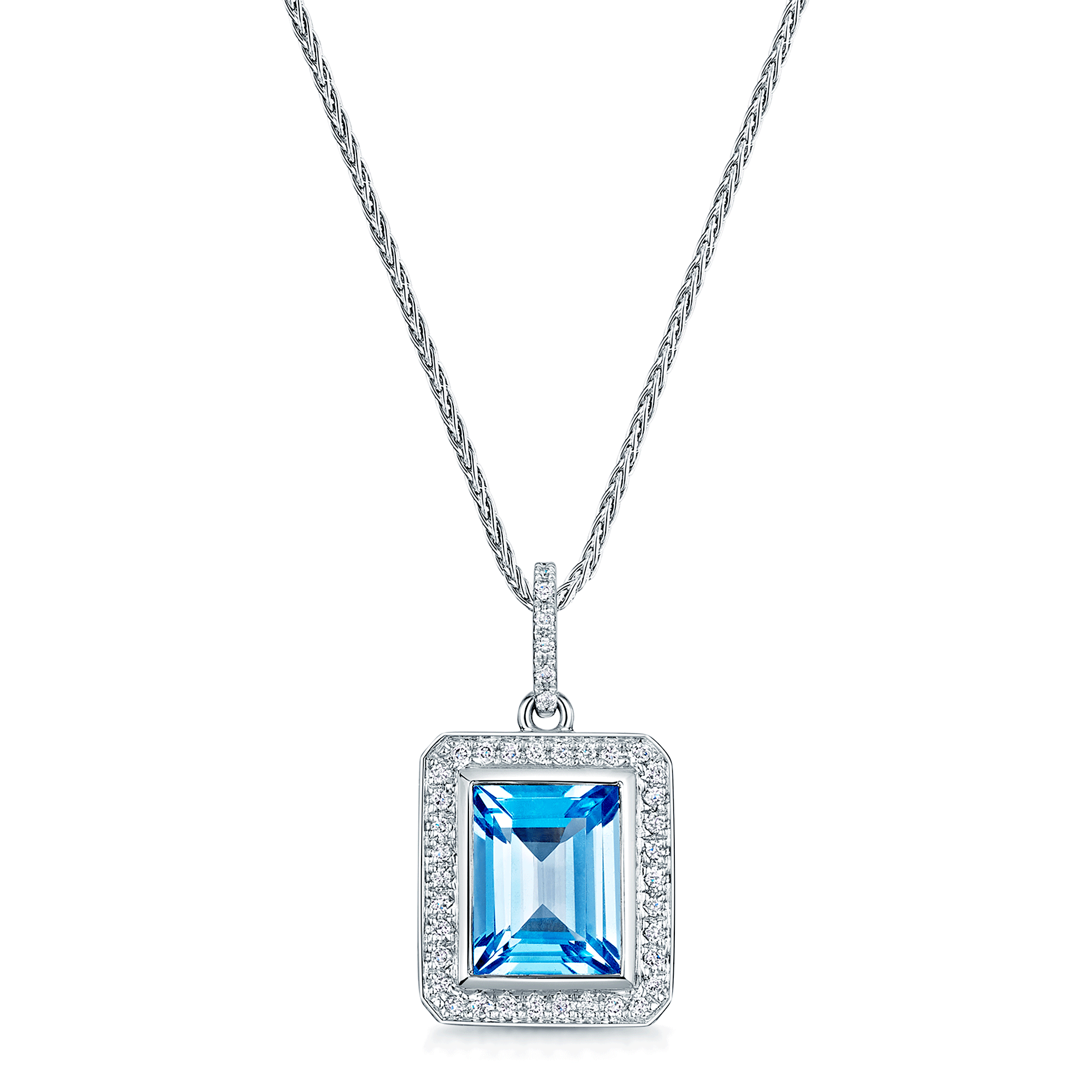 18ct White Gold Emerald Cut Blue Topaz Pendant With Pave Diamond Surround