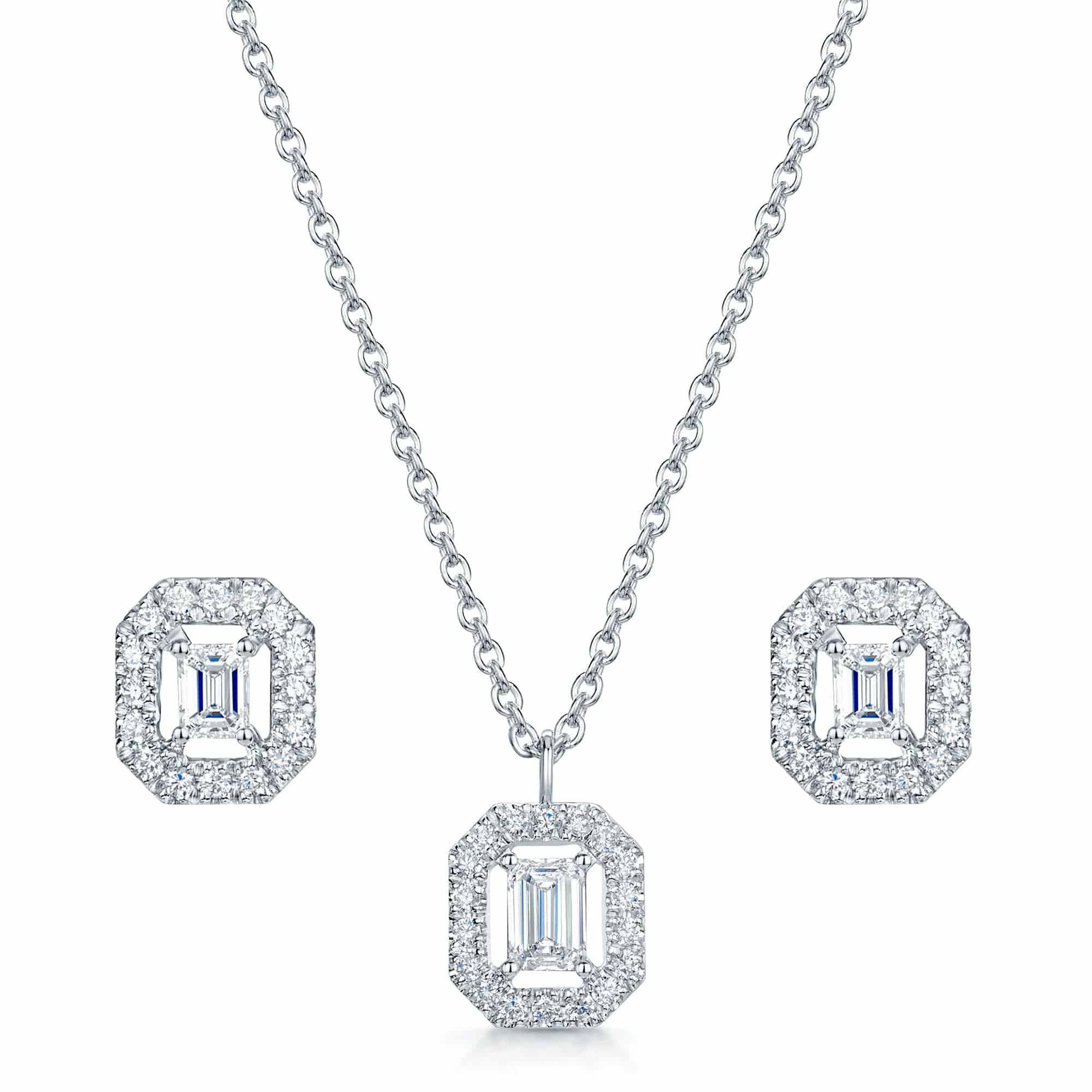 Berry's 18ct White Gold Emerald Cut Diamond Pendant & Earring Set - Berry's Jewellers