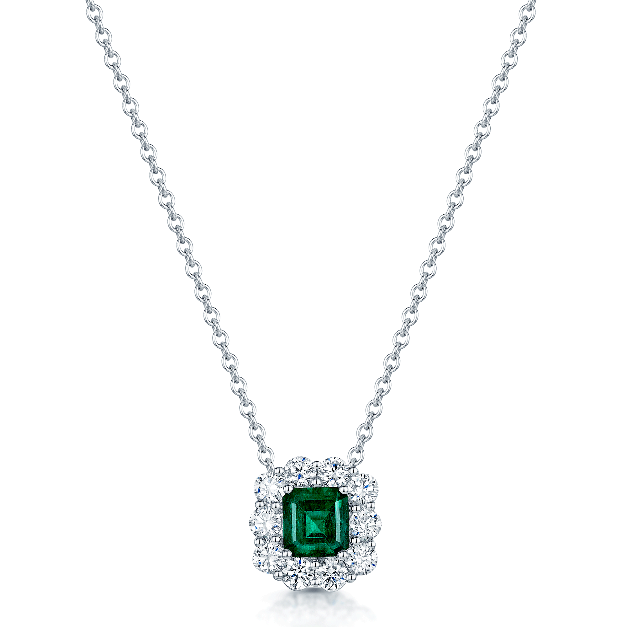 Berry's 18ct White Gold Emerald Cut Emerald & Diamond Cluster Pendant - Berry's Jewellers