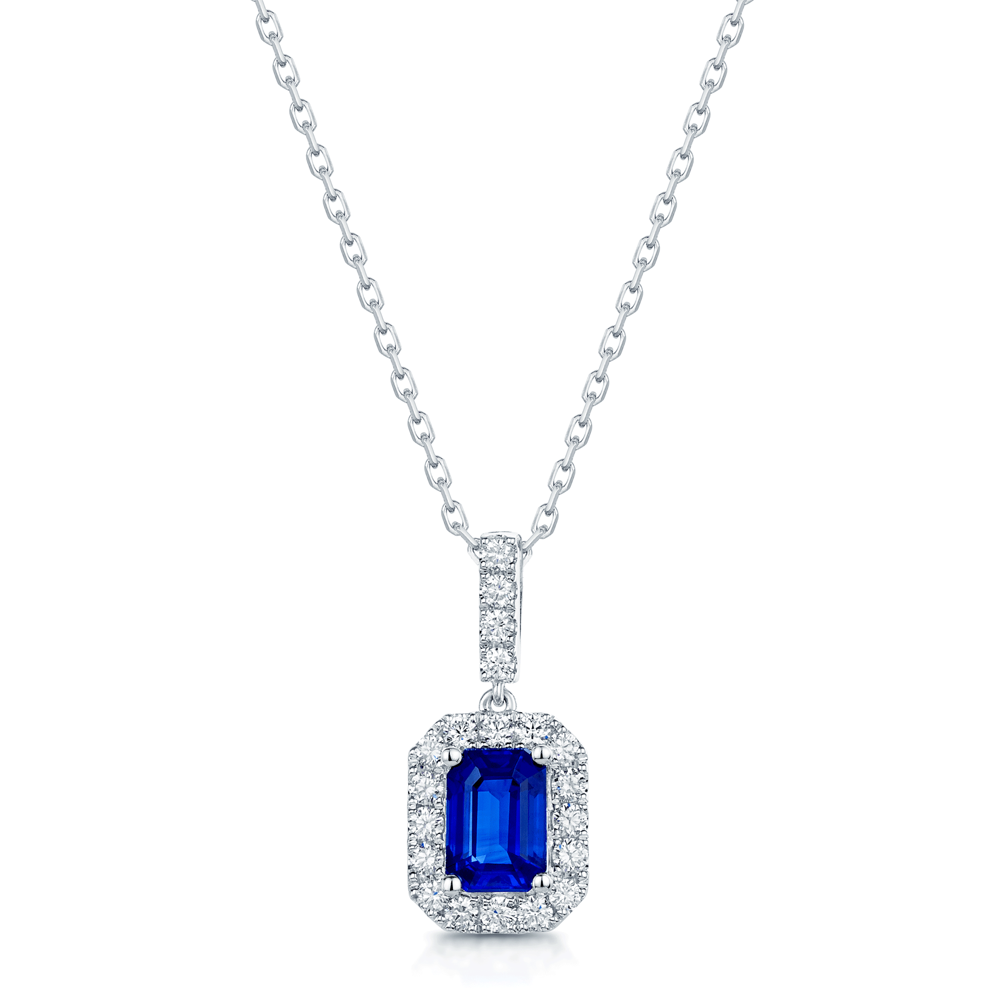 18ct White Gold Emerald Cut Sapphire And Diamond Halo Pendant