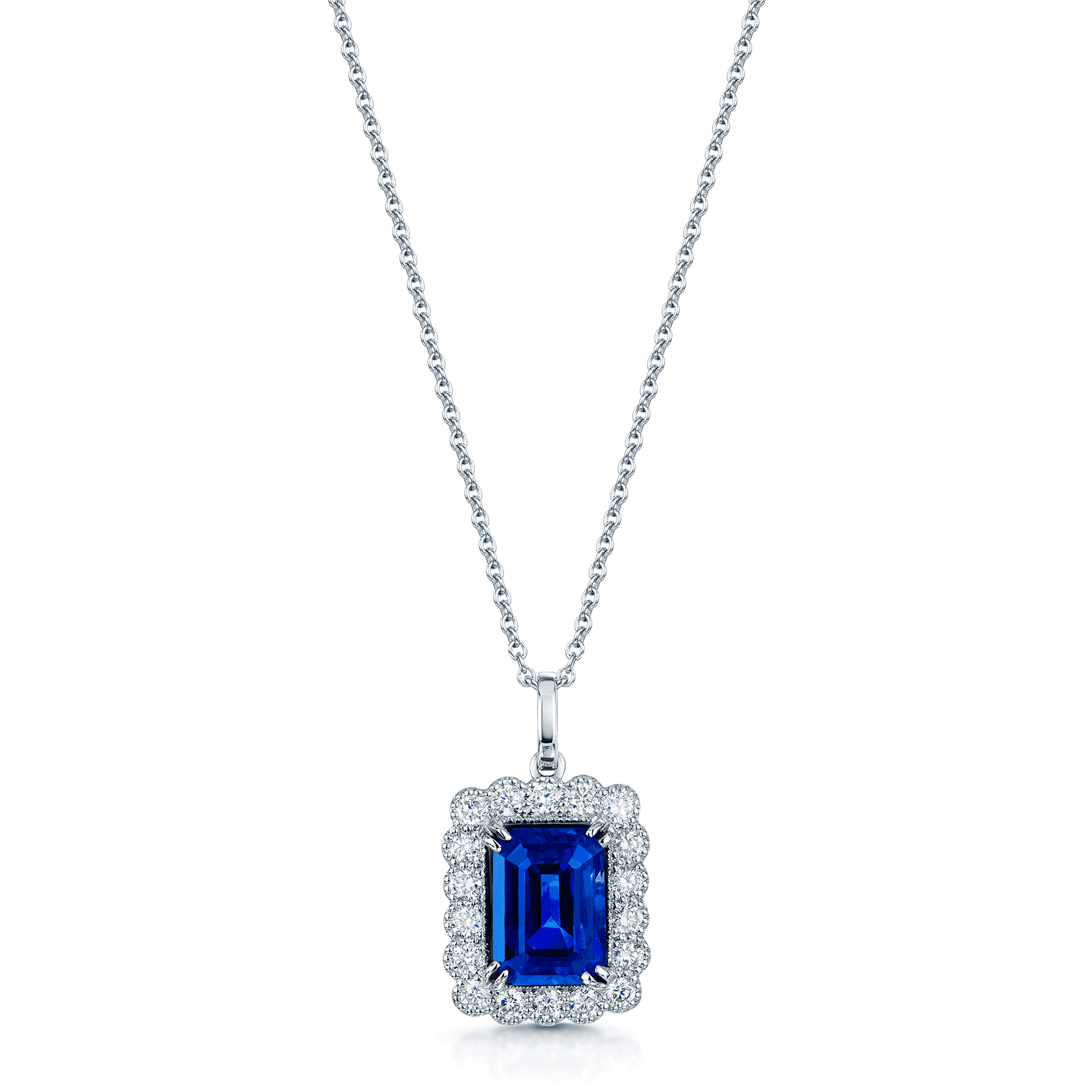 18ct White Gold Emerald Cut Sapphire & Diamond Cluster Pendant