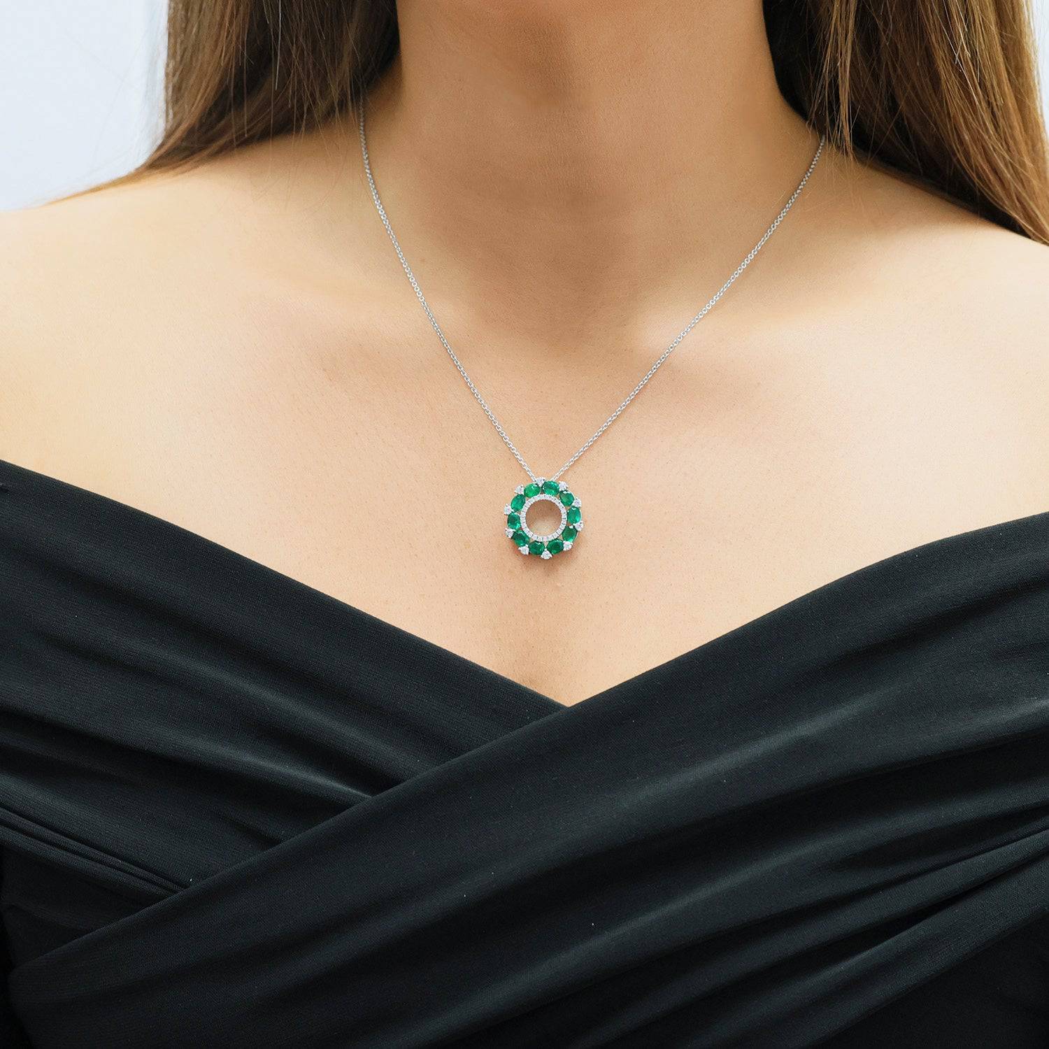 18ct White Gold Emerald & Diamond Open Circle Pendant