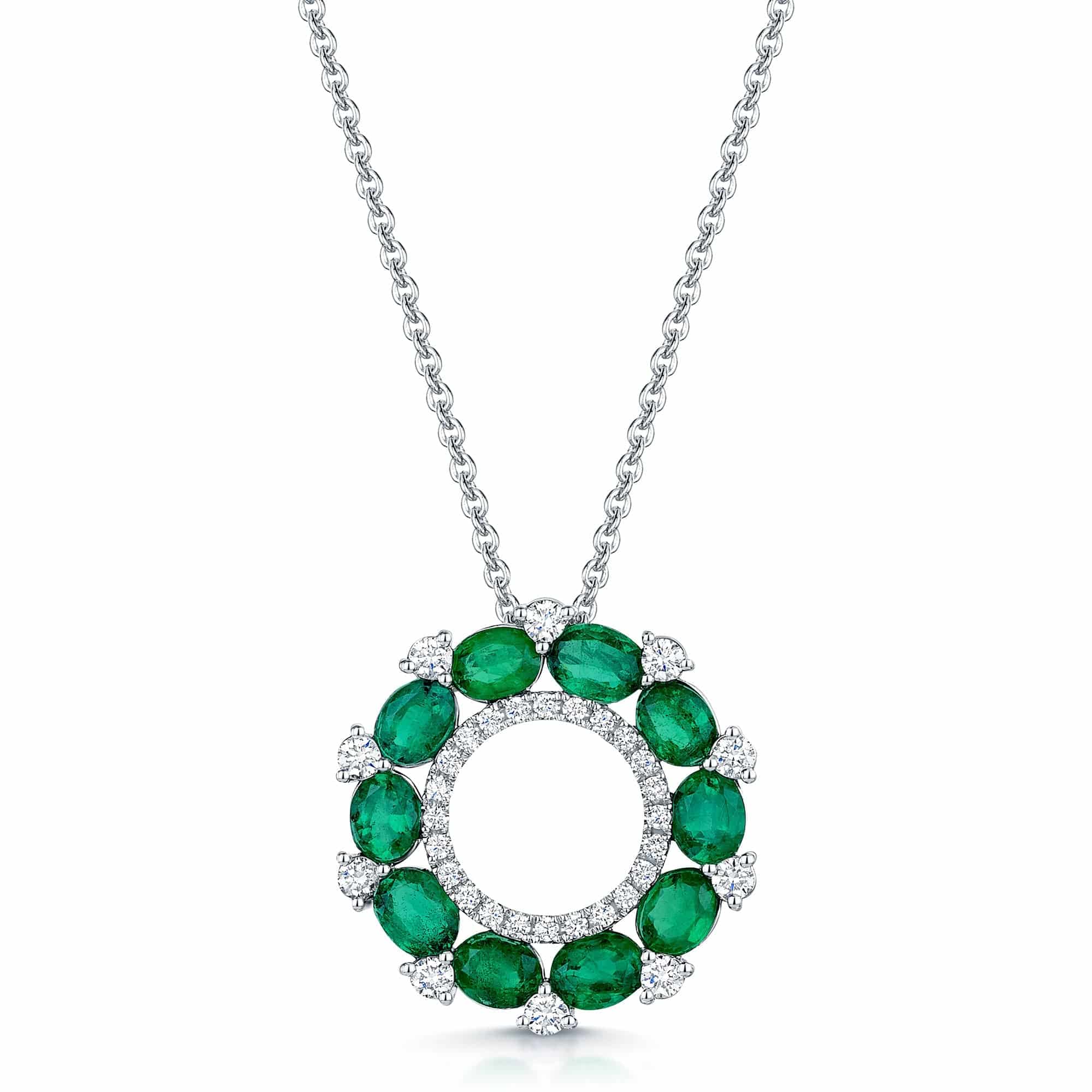 18ct White Gold Emerald & Diamond Open Circle Pendant