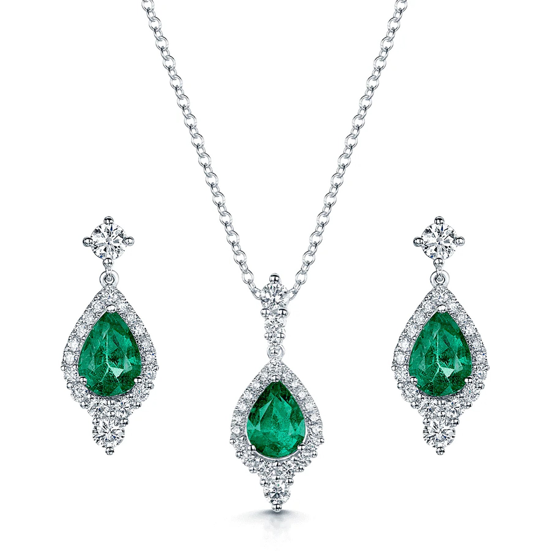 18ct White Gold Emerald & Diamond Pendant & Earring Set