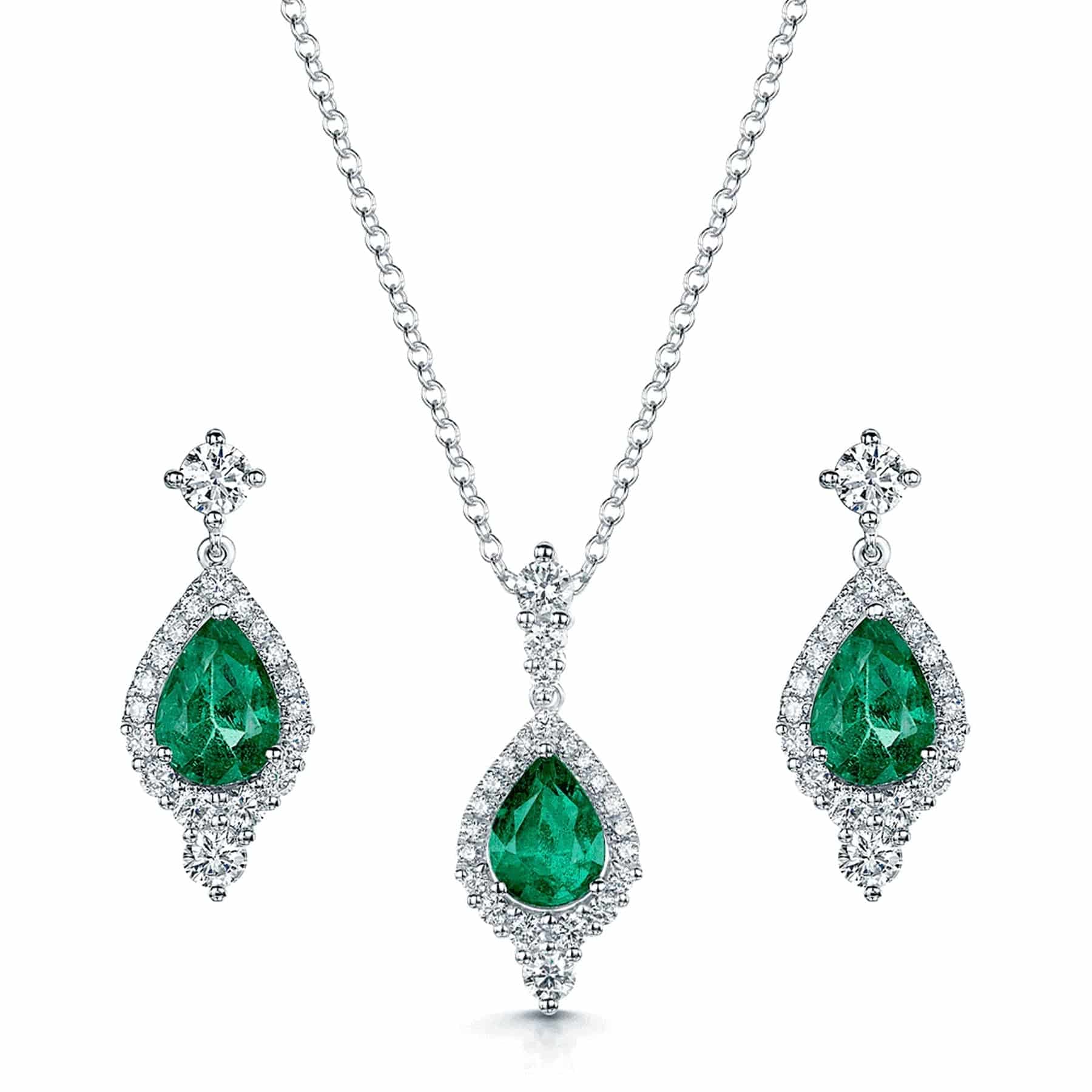 Berry's 18ct White Gold Emerald & Diamond Pendant & Earring Set - Berry's Jewellers