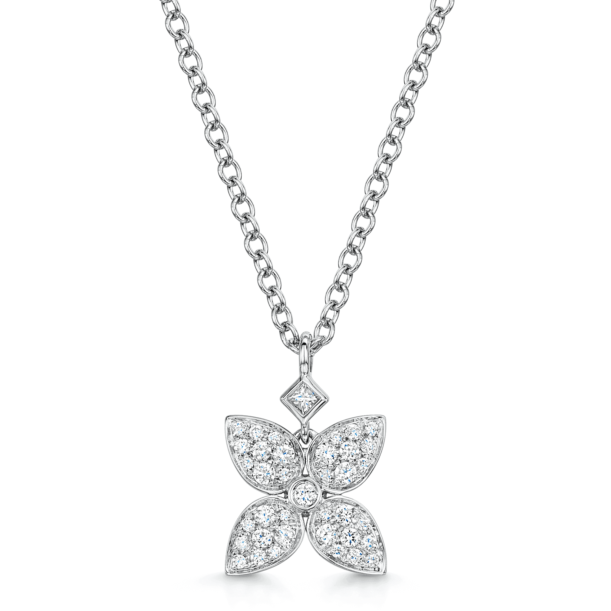 18ct White Gold Flower Pendant With Diamond Pave Set Petals