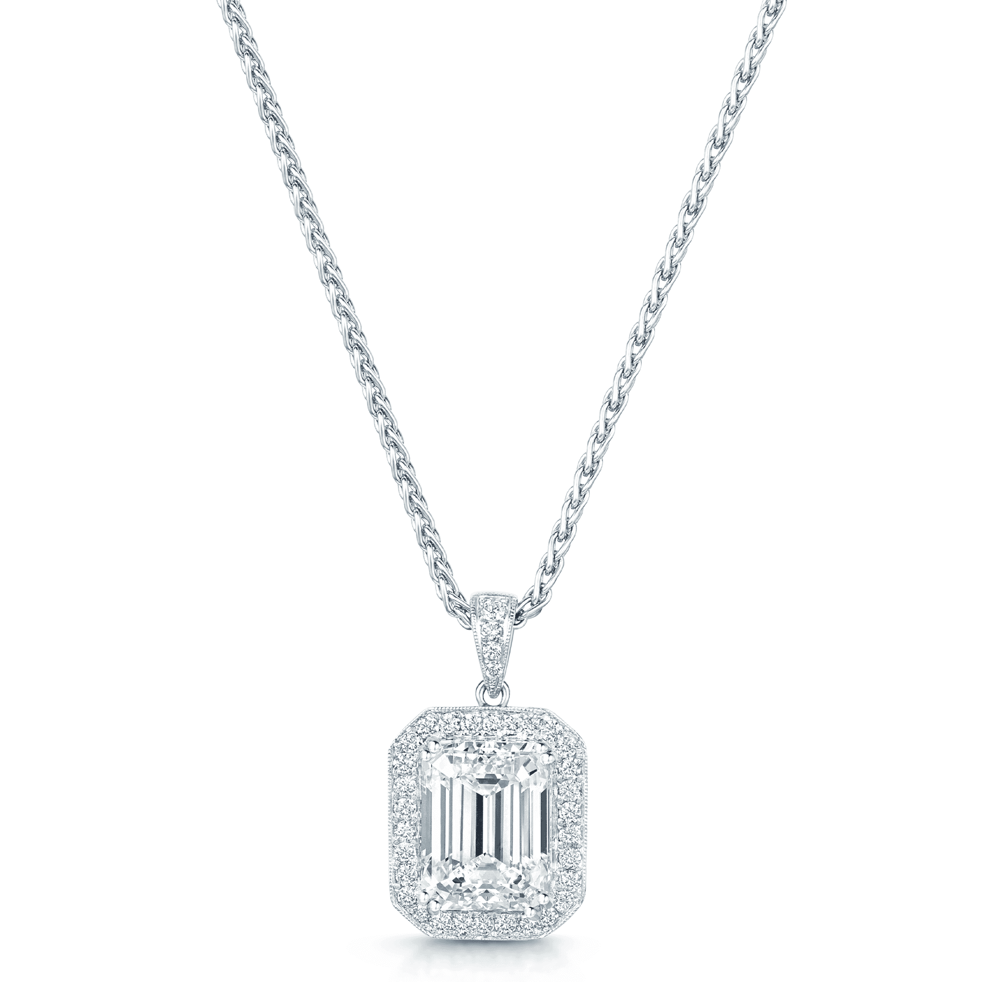 Berry's 18ct White Gold GIA Certificated Emerald Cut Diamond Pendant With a Grain Set Diamond Halo Frame And A Diamond Bale - Berry's Jewellers