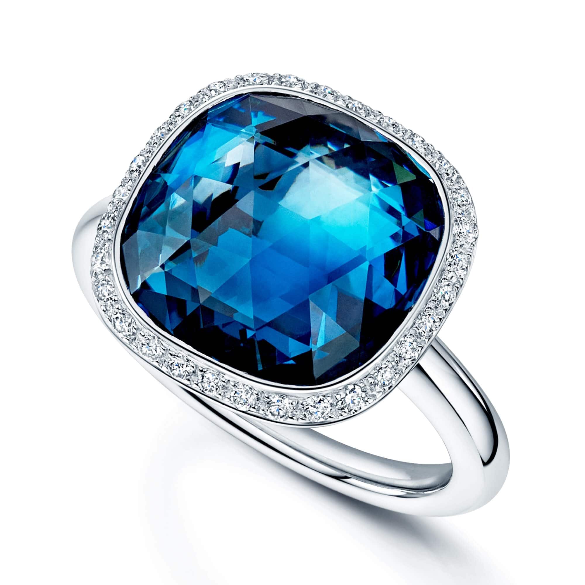 Berry's 18ct White Gold London Blue Topaz Fancy Ring With A Round Brilliant Cut Halo Surround - Berry's Jewellers