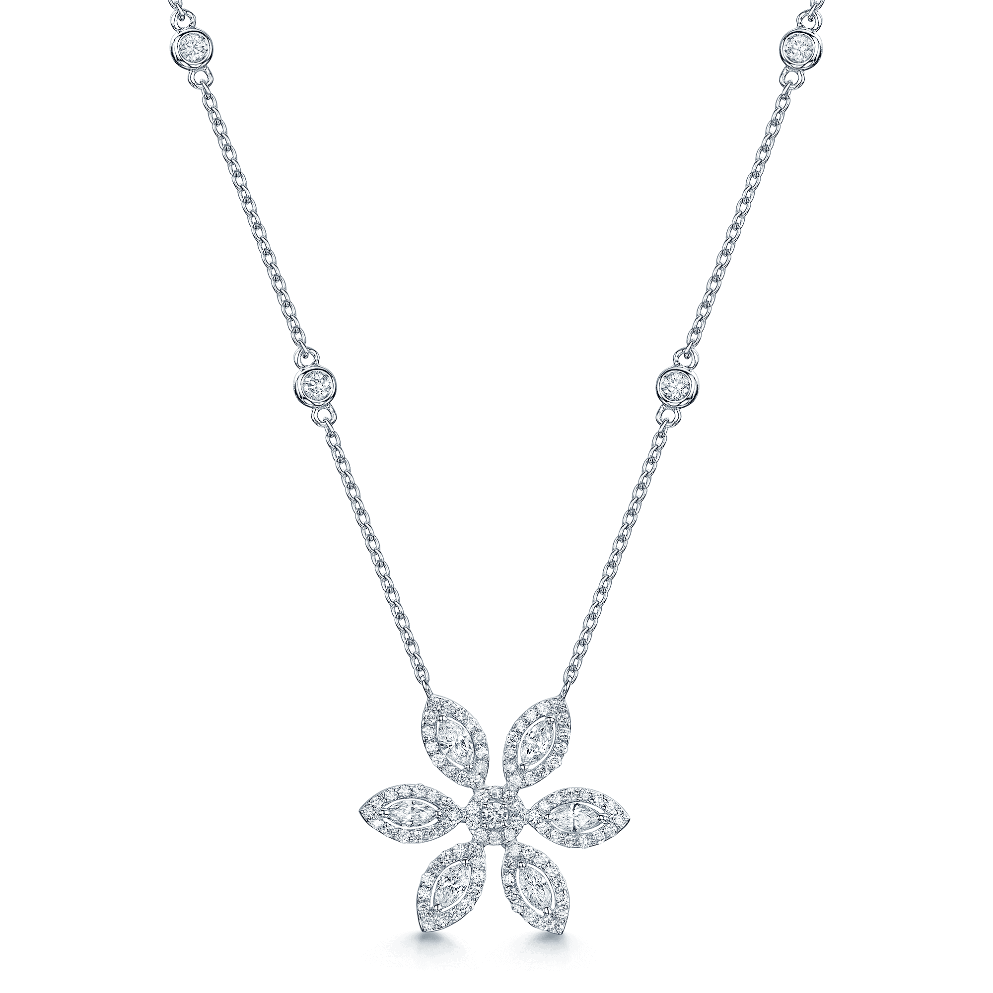 Berry's 18ct White Gold Marquise And Round Brilliant Cut Six Petal Flower Pendant - Berry's Jewellers