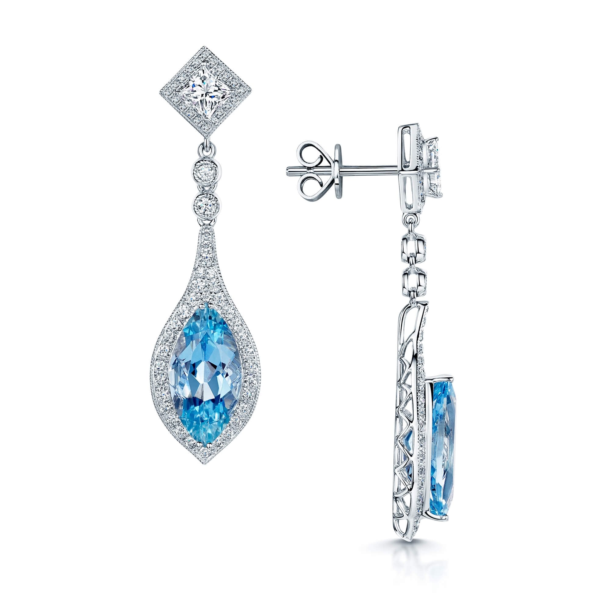 Berry's 18ct White Gold Marquise Aquamarine And Diamond Stud Drop Earrings With A Grain Setting - Berry's Jewellers