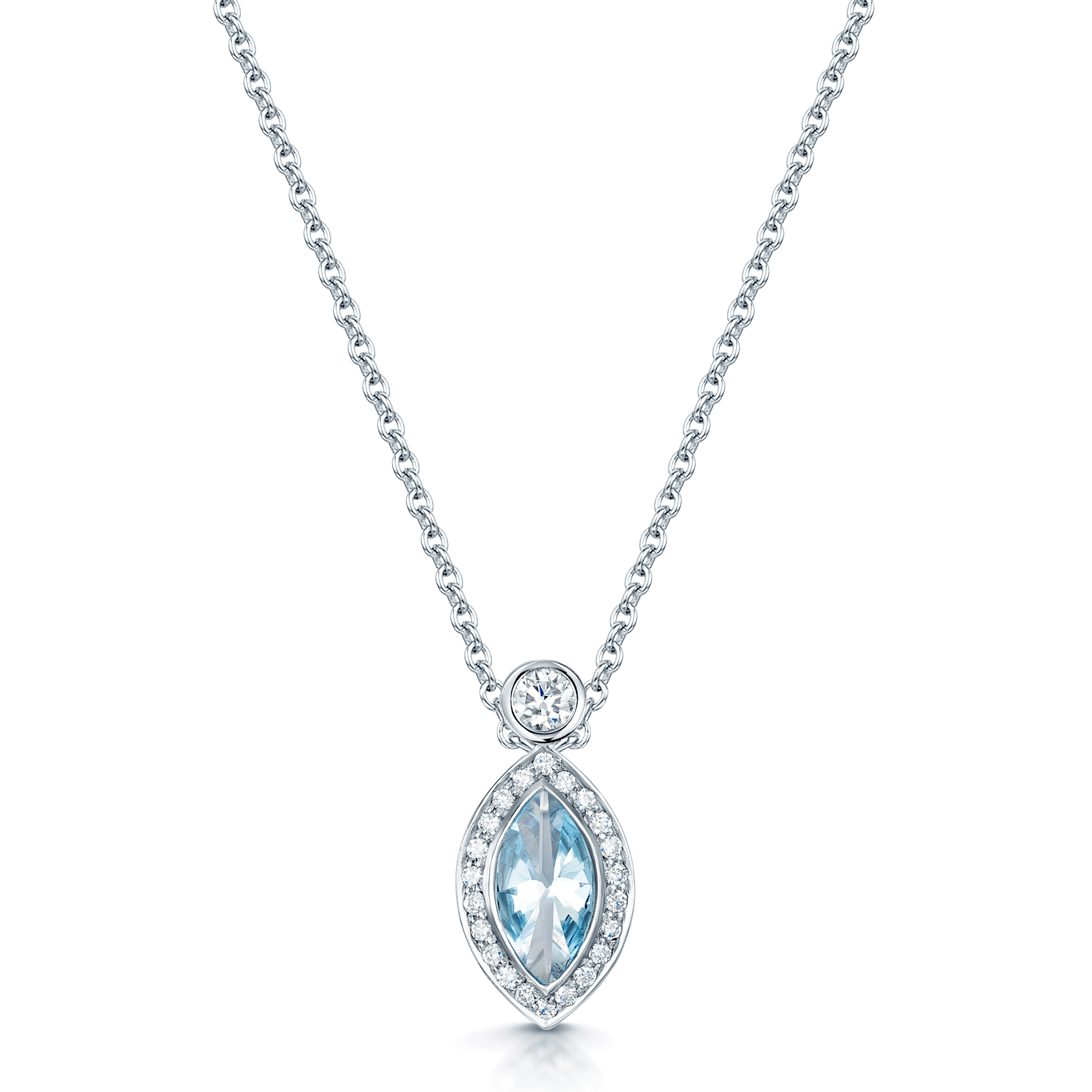 18ct White Gold Marquise Cut Aquamarine And Diamond Drop Pendant