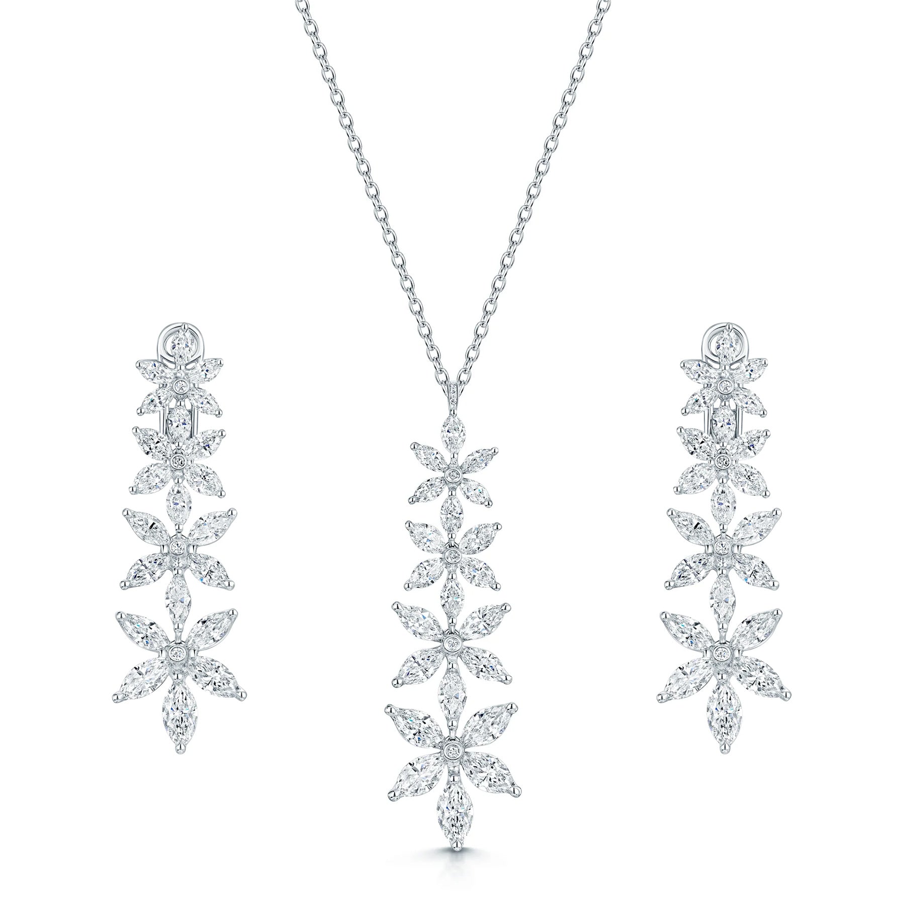 18ct White Gold Marquise Cut Diamond Flower Pendant & Earrings