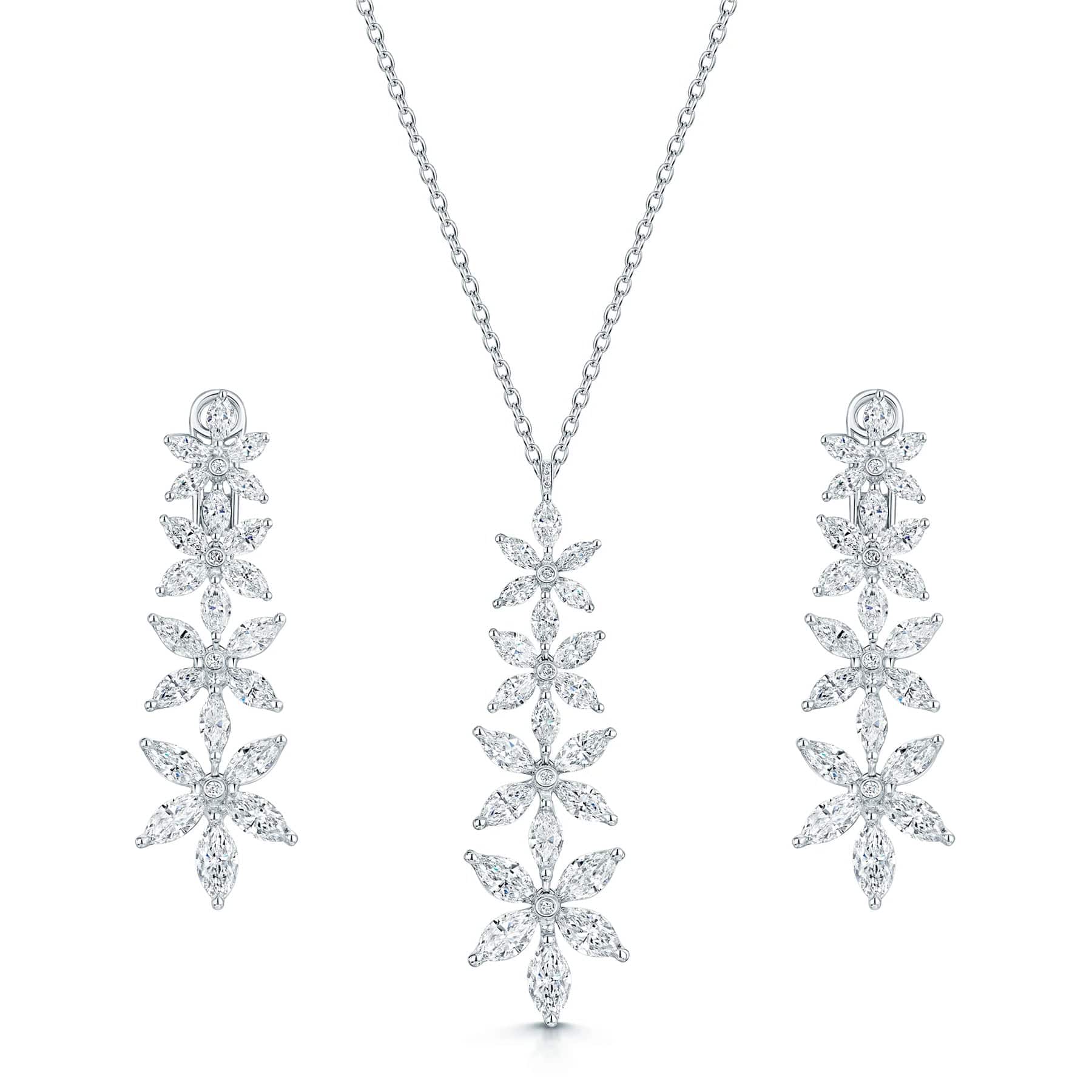 Berry's 18ct White Gold Marquise Cut Diamond Flower Pendant & Earrings - Berry's Jewellers