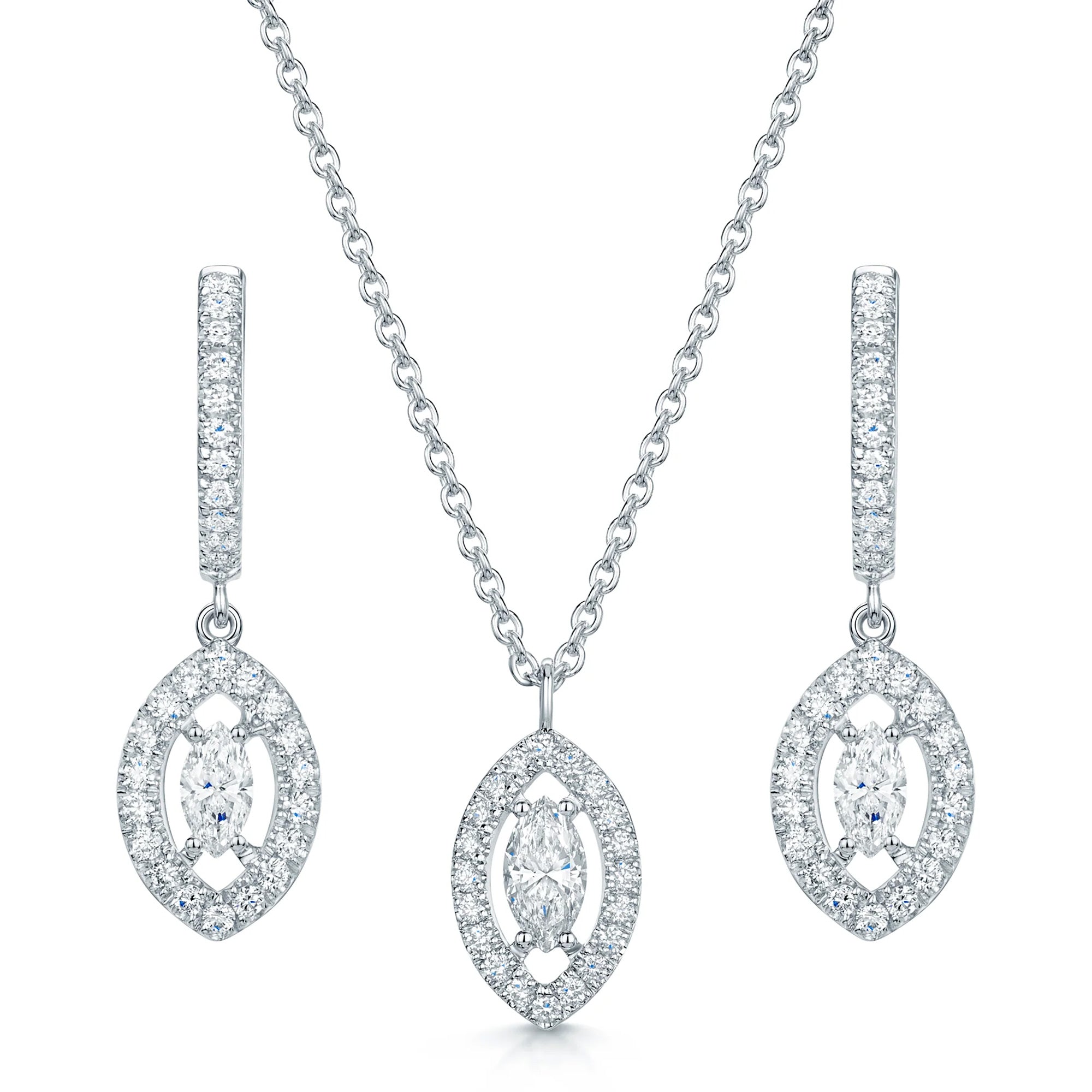 18ct White Gold Marquise Cut Diamond Pendant & Earring Set