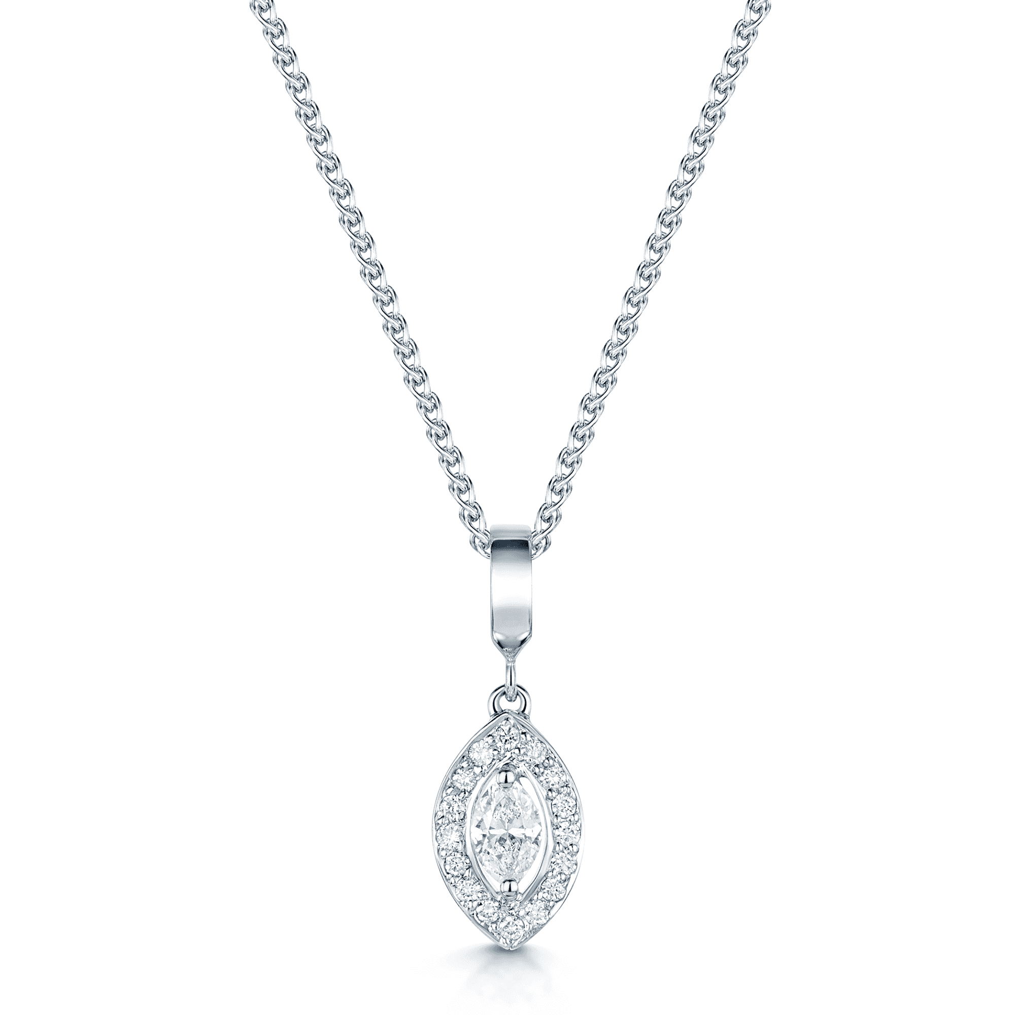 18ct White Gold Marquise Cut Diamond Set Pendant with Pave Set Surround