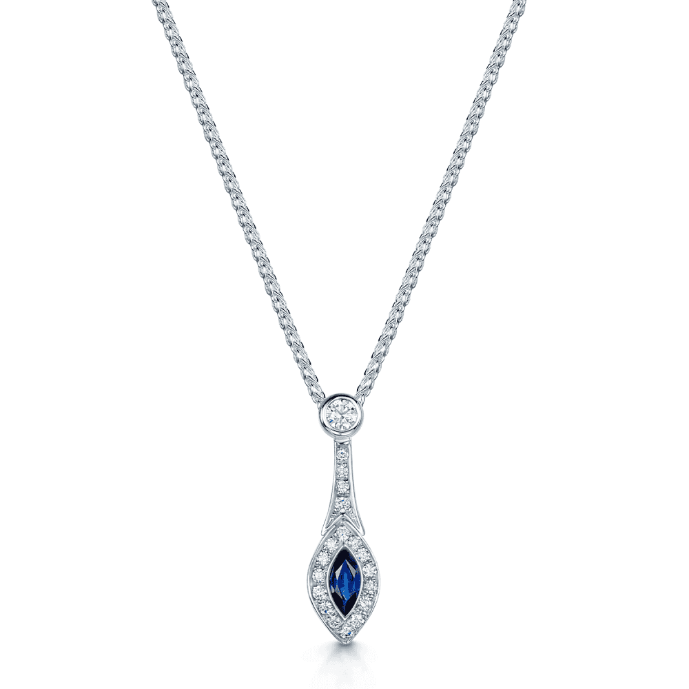 18ct White Gold Marquise Cut Sapphire & Round Brilliant Cut Diamond Cluster Pendant