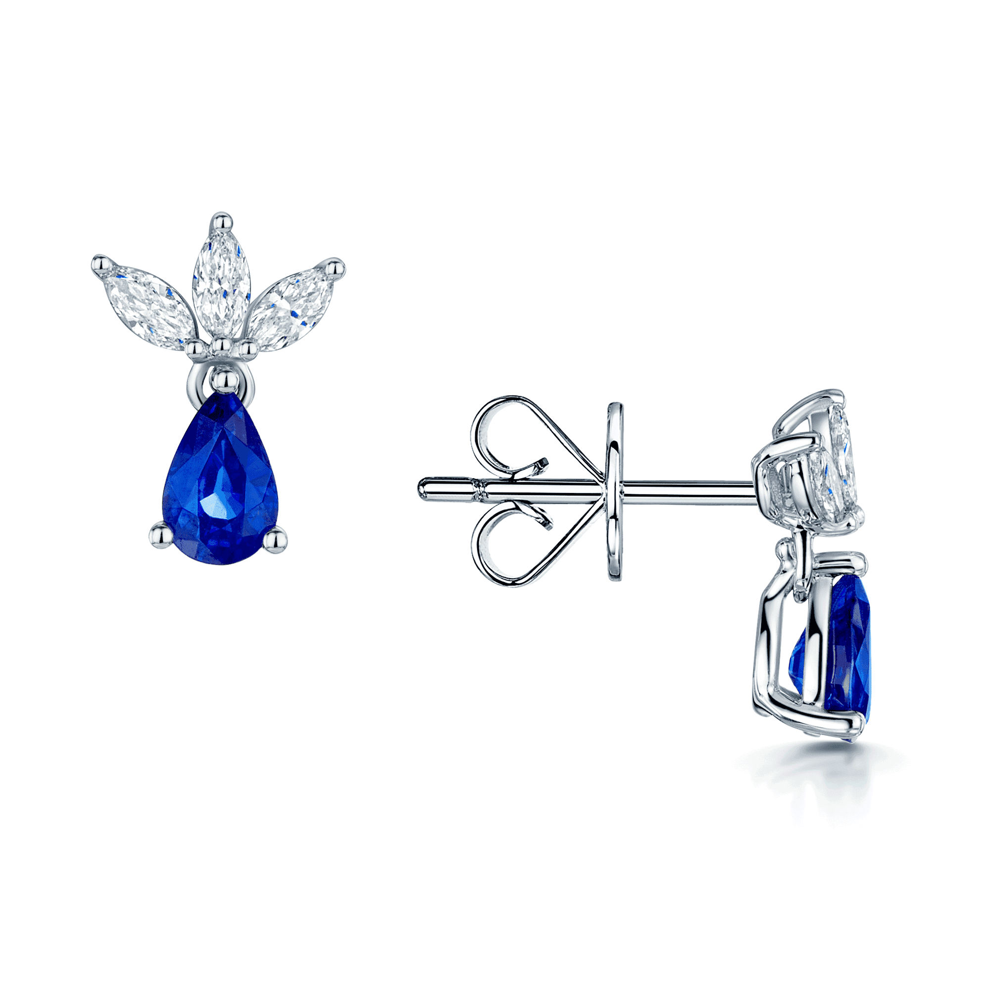 Berry's 18ct White Gold Marquise Diamond & Pear Cut Blue Sapphire Drop Earrings - Berry's Jewellers