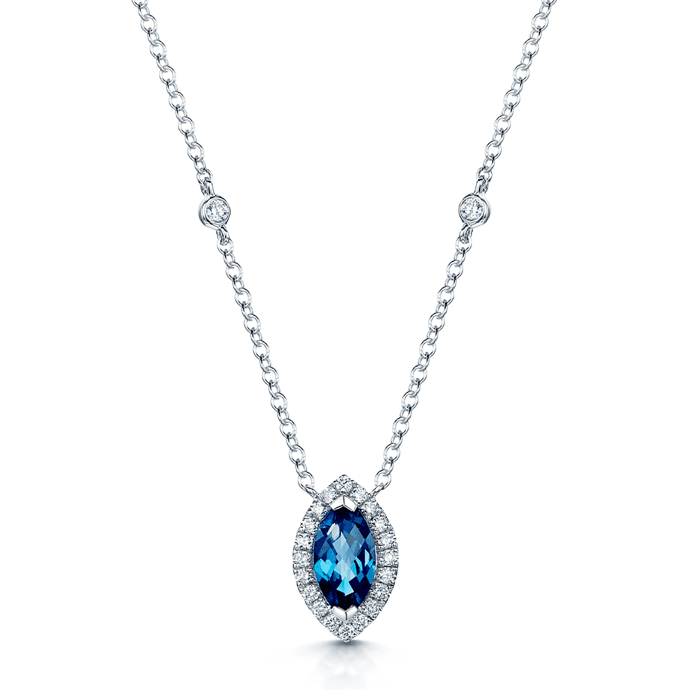 18ct White Gold Marquise London Blue Topaz And Diamond Halo Pendant With Diamonds On The Chain