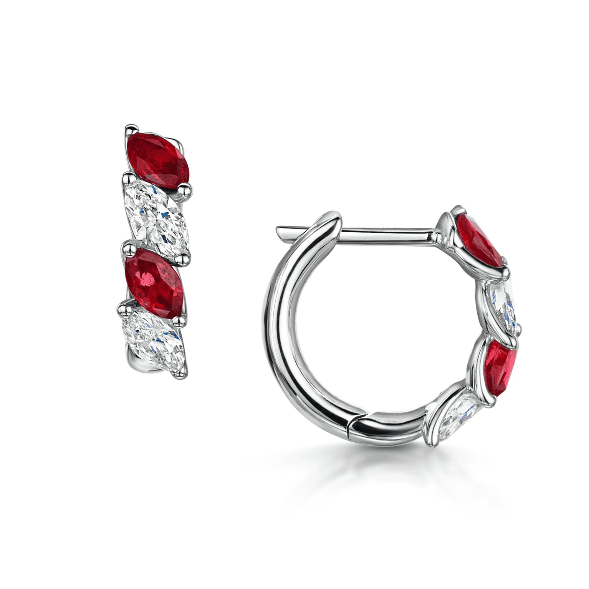 Berry's 18ct White Gold Marquise Shape Ruby and Diamond Hoop Earrings - Berry's Jewellers