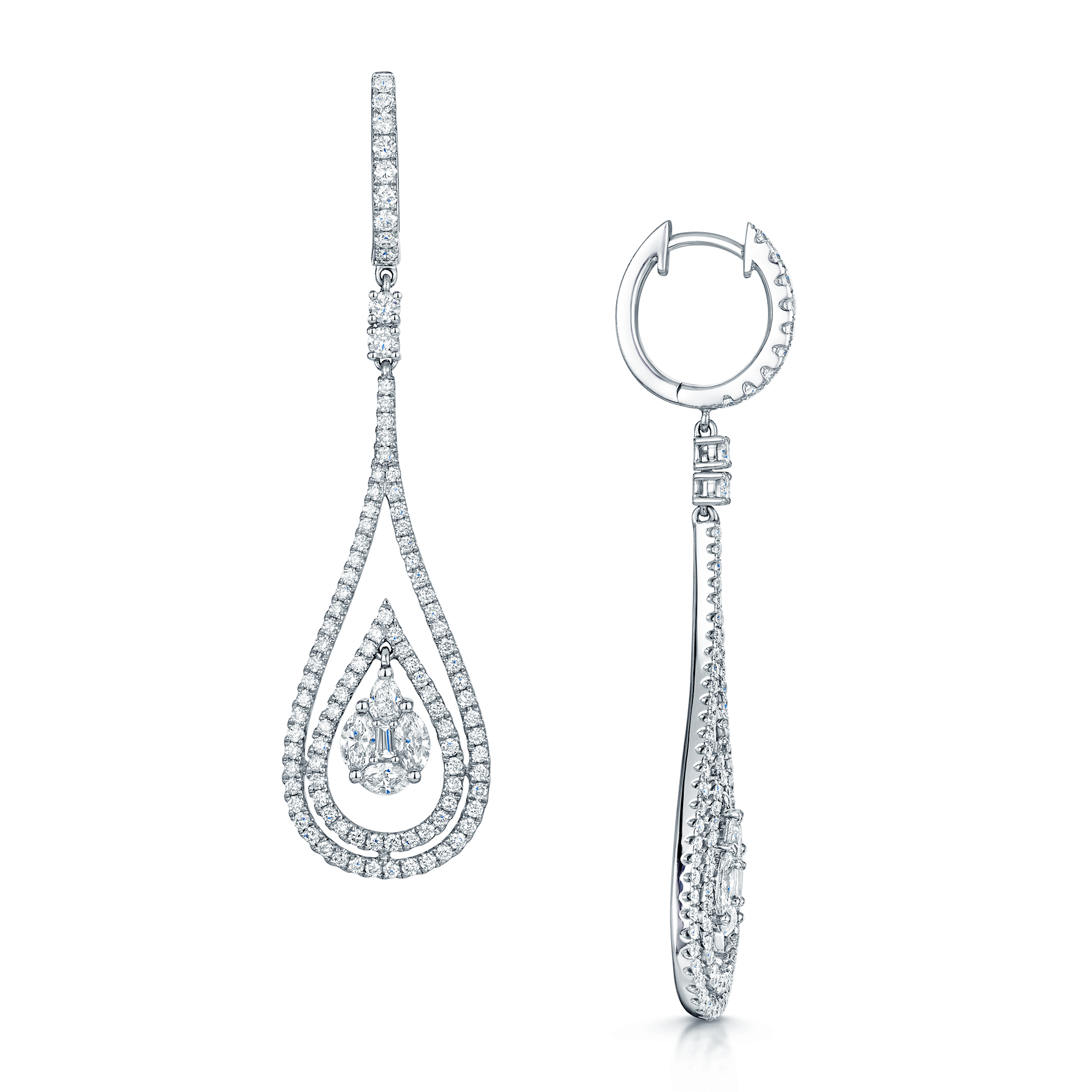 18ct White Gold Mixed Cut Diamond Open Double Pear Shaped Drop Earrings