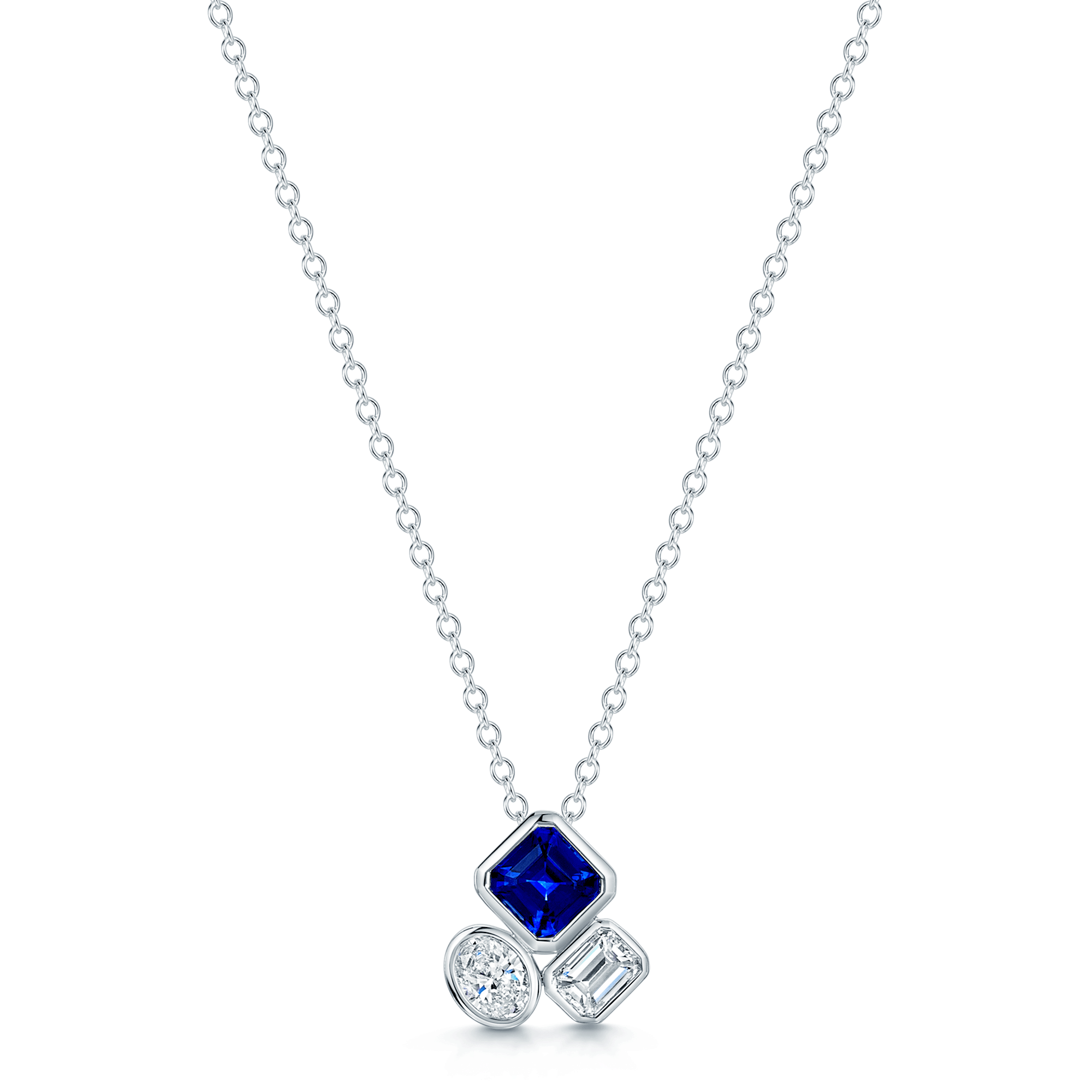 18ct White Gold Mixed Cut Sapphire And Diamond Rub Over Pendant