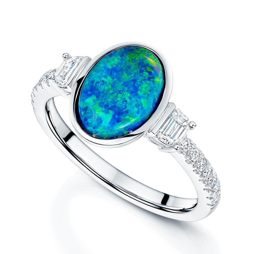 18ct White Gold Opal and Diamond Three Stone Ring