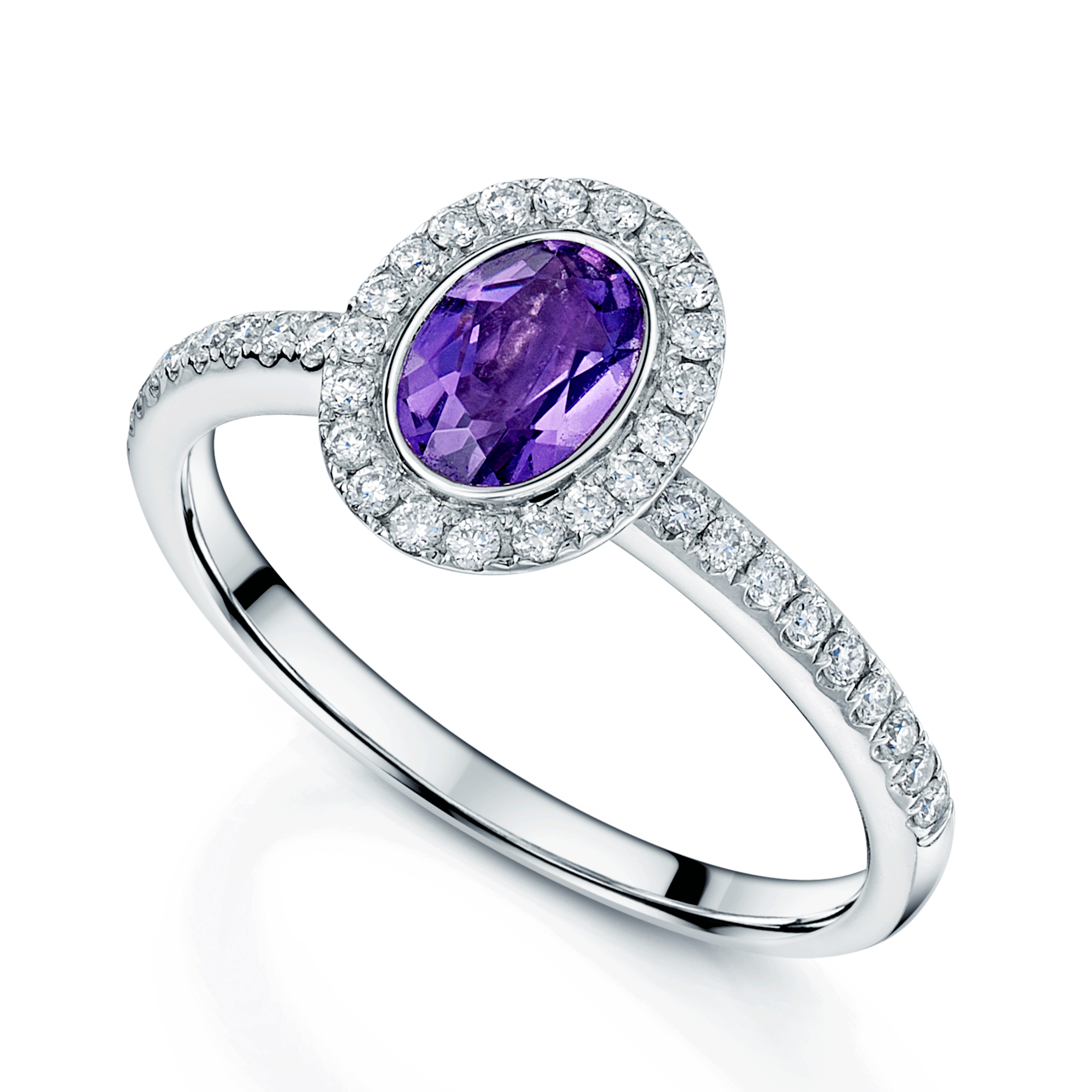 Berry's 18ct White Gold Oval Cut Amethyst And Diamond Halo Ring - Berry's Jewellers